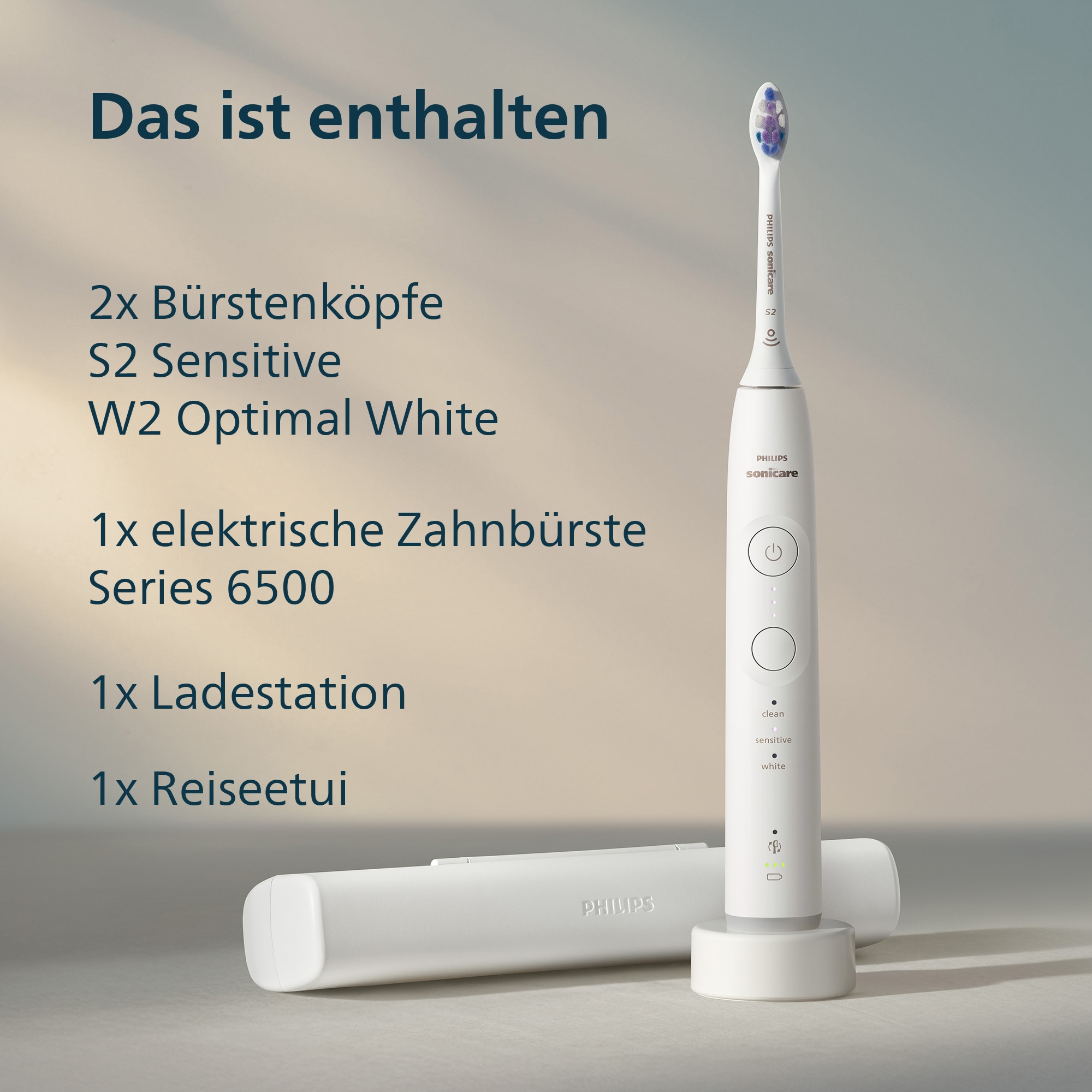 Philips Sonicare Elektrische Zahnbürste »Series 6500 HX7410/02« 2 Stk. Aufsteckbürsten mit Andruckkontrolle, 3 Intensitätsstufen, inkl. Ladegerät, Reiseetui