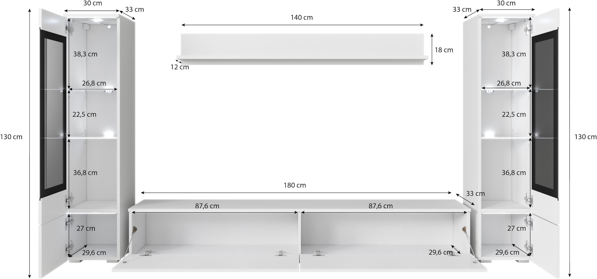 INOSIGN Wohnwand »VERA II, Vitrinen Türanschlag wechselbar«, (Komplett-Set, 4 St.), Mediawand 260 cm, Vitrine mit Verglasung, stehend und hängend