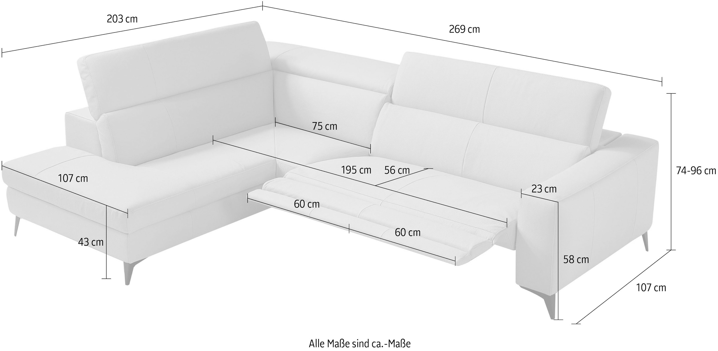 Egoitaliano Ecksofa »Edith, Designsofa mit hohem Sitzkomfort, Breite 269cm, L-Form« inkl. elektrischer Relaxfunktion und manuell verstellbaren Kopfteilen