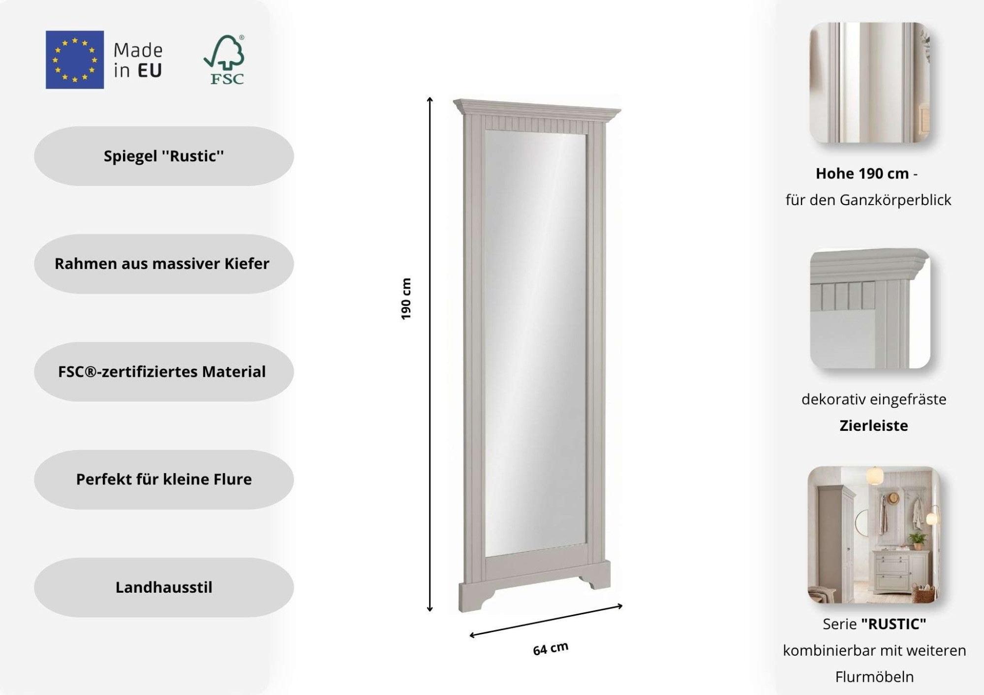 OTTO home Spiegel »Rustic« Rahmen in Kiefer massiv, Höhe 190 cm, mit Zierfräsungen