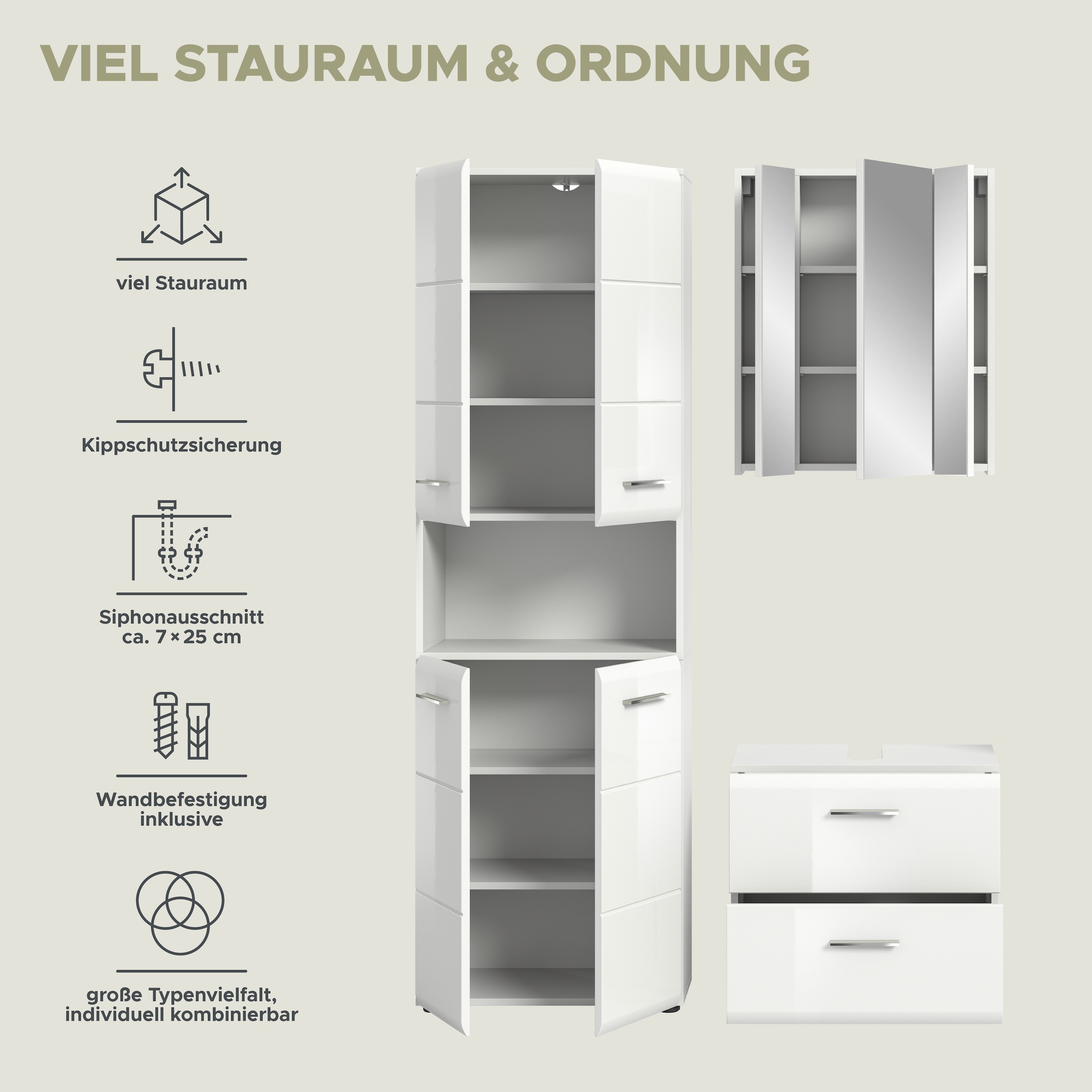 INOSIGN Badmöbel-Set »FLORENZ, TOPSELLER!, 3-teilige Badkombination, hochwertige MDF-Front«, (best. aus: 1 Hochschrank, 1 Waschbeckenunterschrank, 1 Spiegelschrank), Bad-Kombination, Bad-Möbel, Badezimmer, Kombination, Kombi