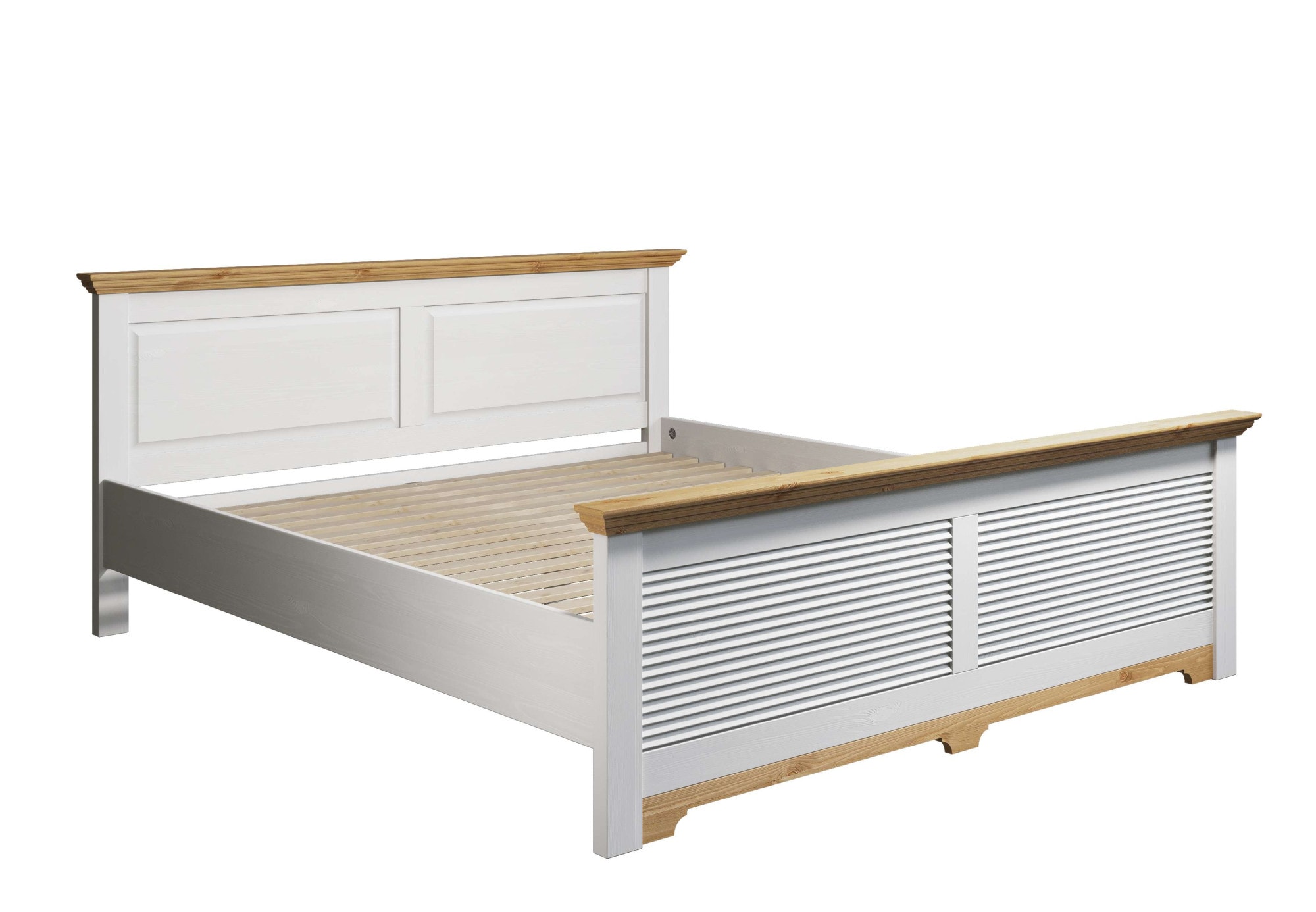 Home affaire Bett »Rauna, Landhausstil, edles Design mit Lamellen und Kassetten, 2 Farben«, (Breite/Belastbarkeit 180cm=220 KG, 90cm=120KG), FSC® zertifiziertes Kieferholz, massive Qualität mit Lattenrost