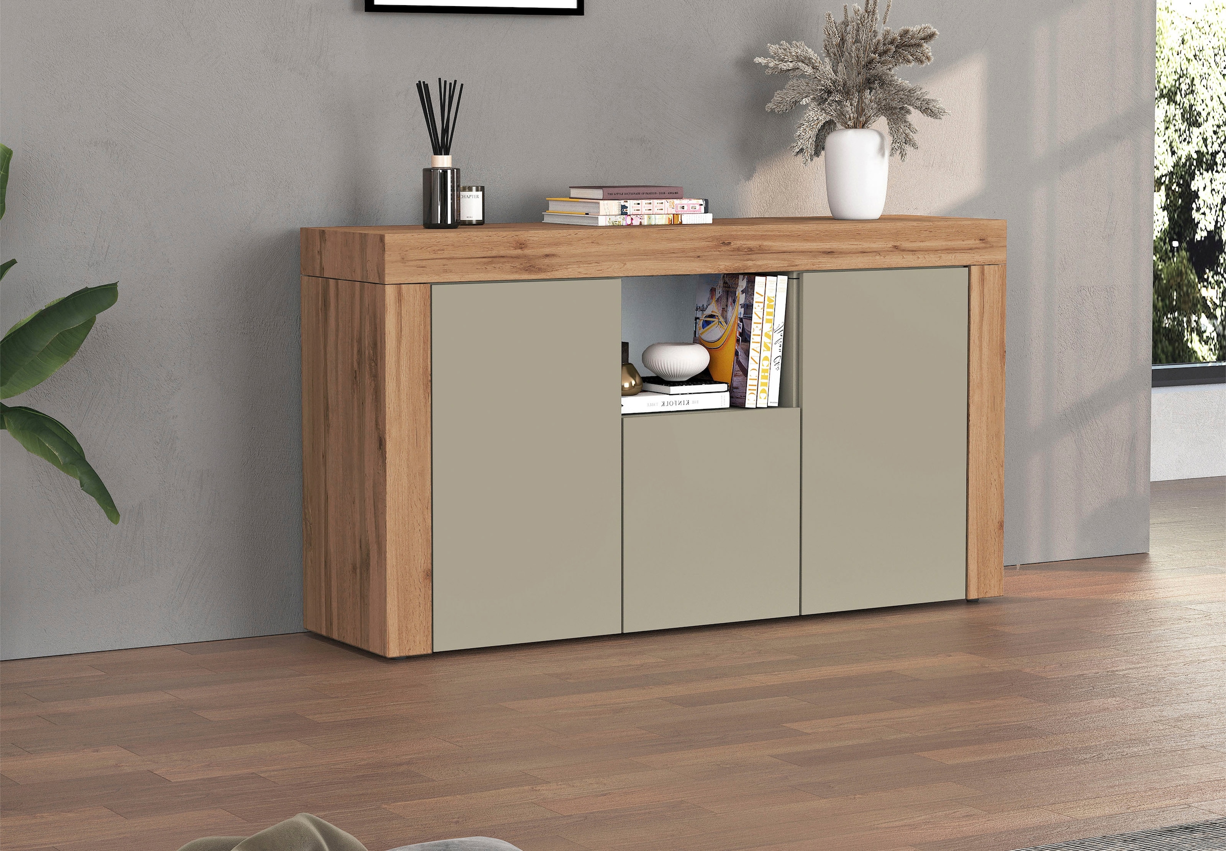 INOSIGN Sideboard »CHRONOS Breite 155 cm mit 3 Türen, 1 offenes und 6 geschlossene Fächer«, (1 St.), Sideboard,Kommode, Schrank, Grifflos mit Push to Open, Made in Italy