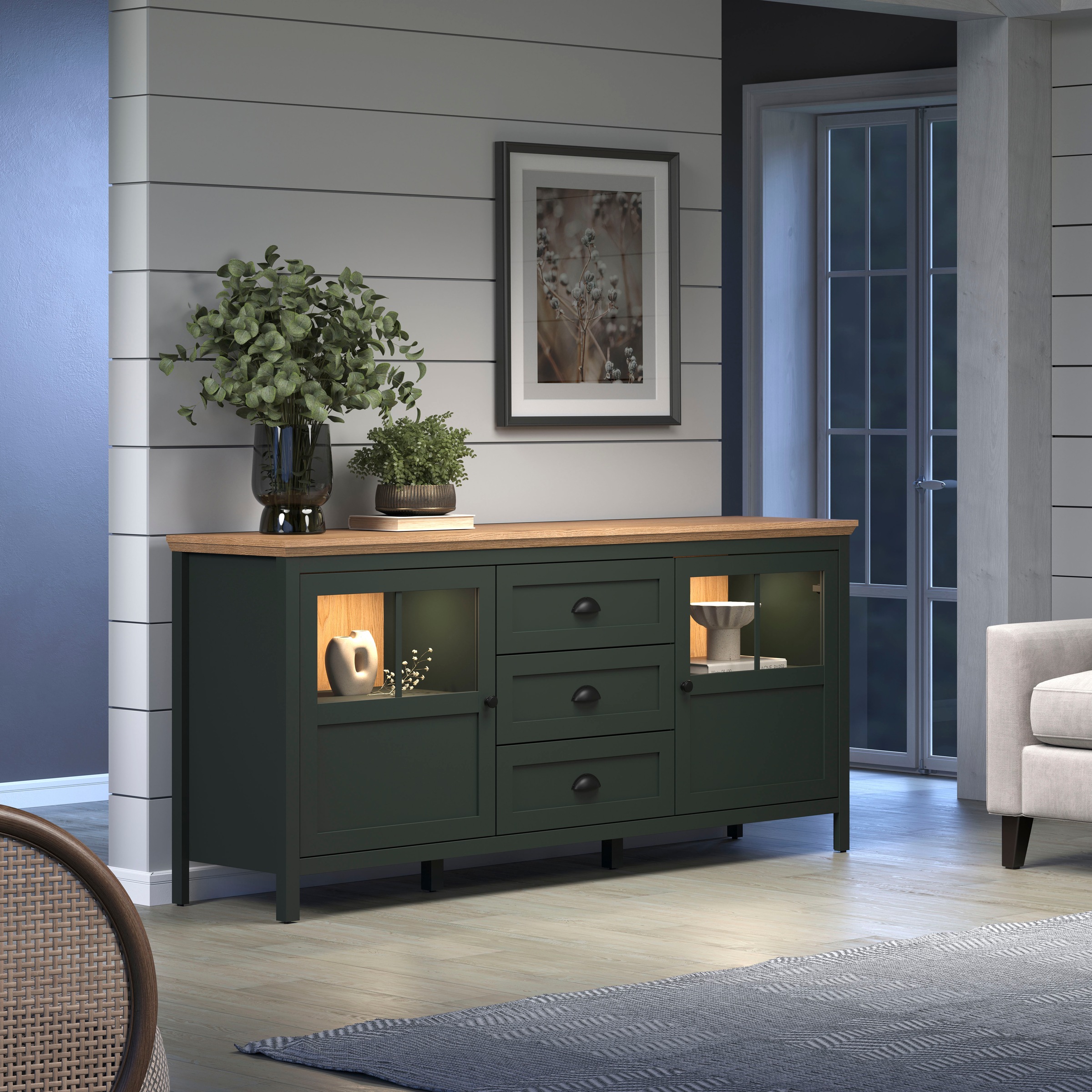 Home affaire Sideboard »Vienna«, (1 St.), Kommode im Landhausstil - Beleuchtung, Glastüren - B/T/H 185/45/86 cm