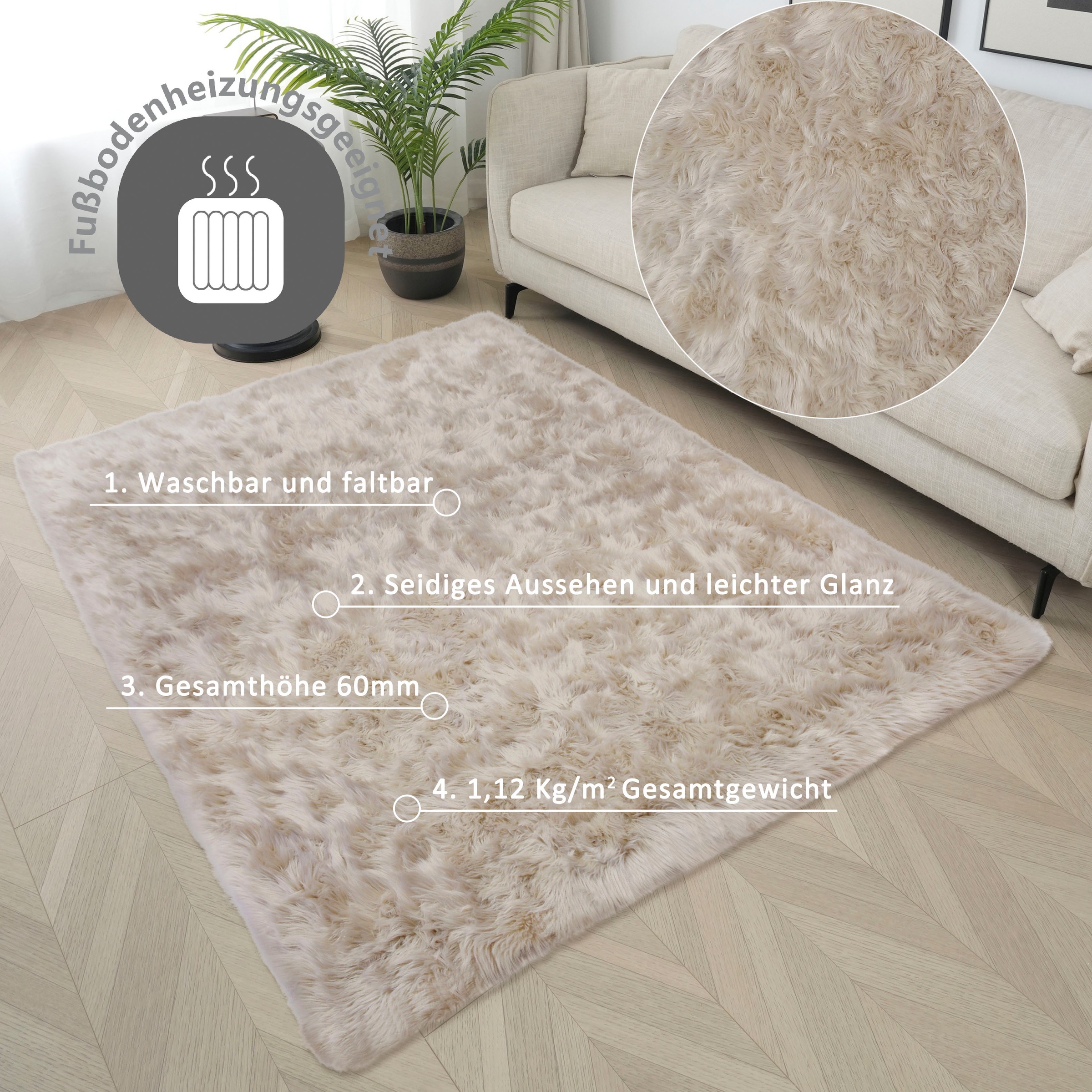 my home Hochflor-Teppich »Kalua, verschiedene Formen«, rechteckig, 60 mm Höhe, Kunstfell, weich, Uni-Farben, Wohnzimmer, Schlafzimmer, Esszimmer