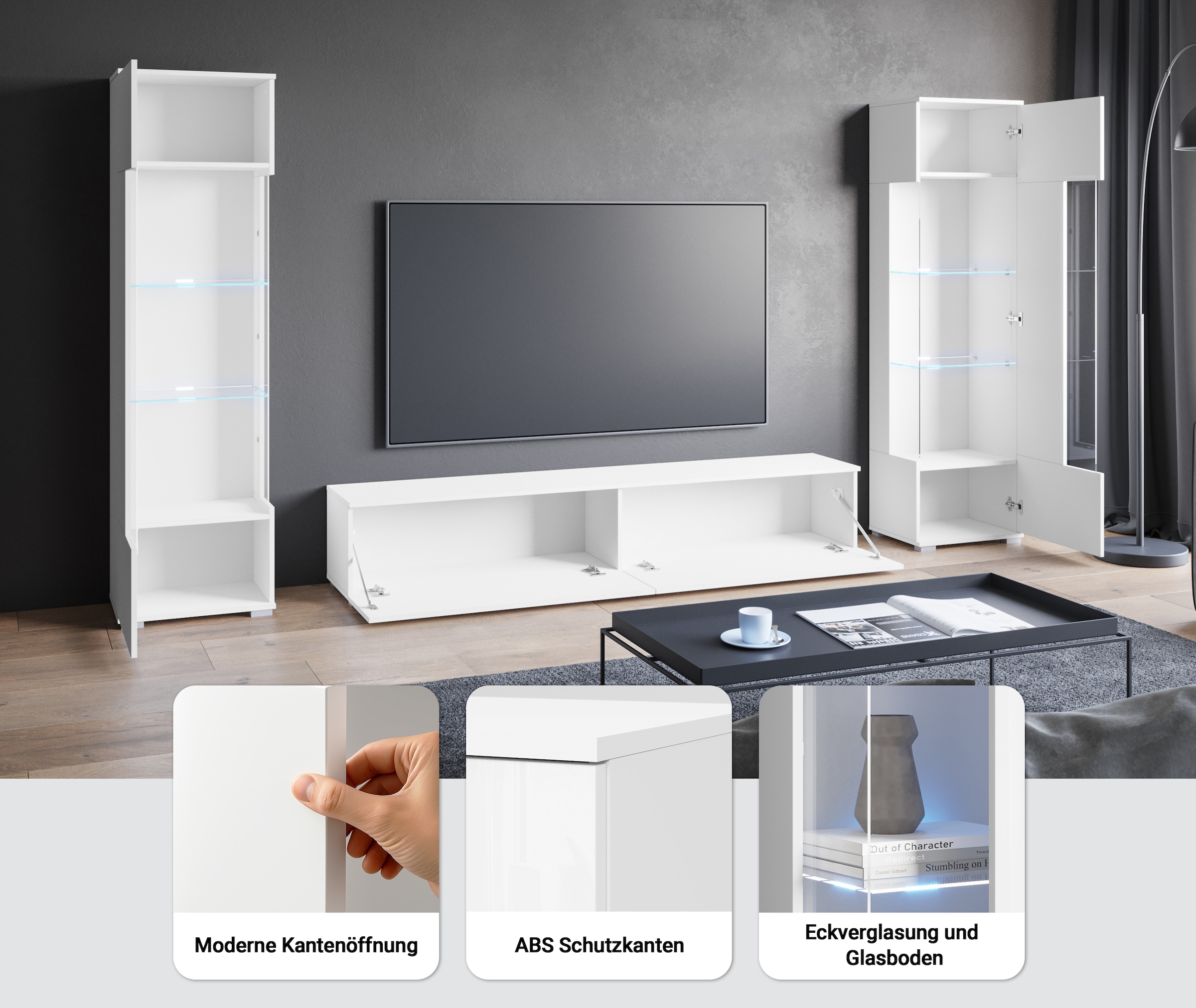 INOSIGN Wohnwand »Kenia, Vitrine Türanschlag links/rechts wechselbar«, (3 St.), Vitrinen mit Eckverglasung, hängend und stehend montierbar