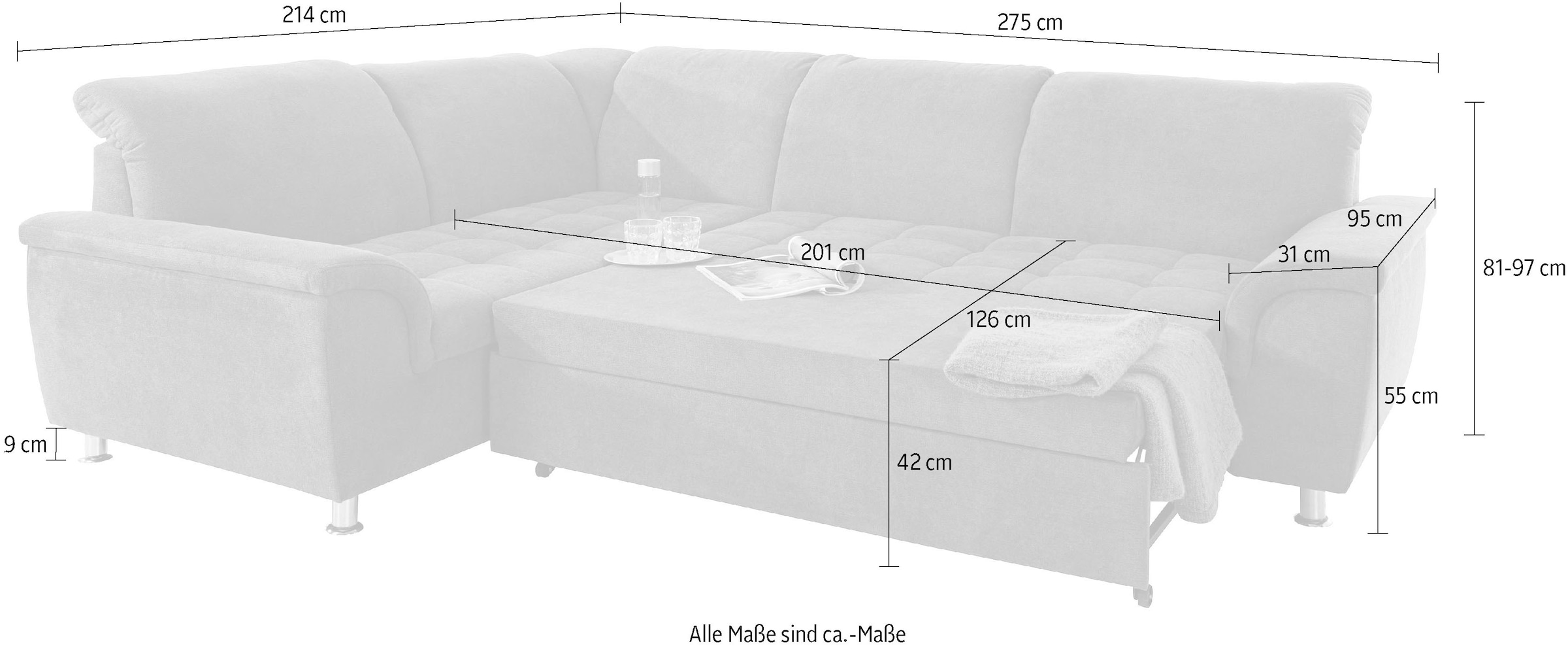 DOMO collection Ecksofa »Franzi, zeitlos und elegant, moderne Sitzheftung, L-Form«, wahlweise mit Kopfteilverstellung (dann Breite: 275 cm)
