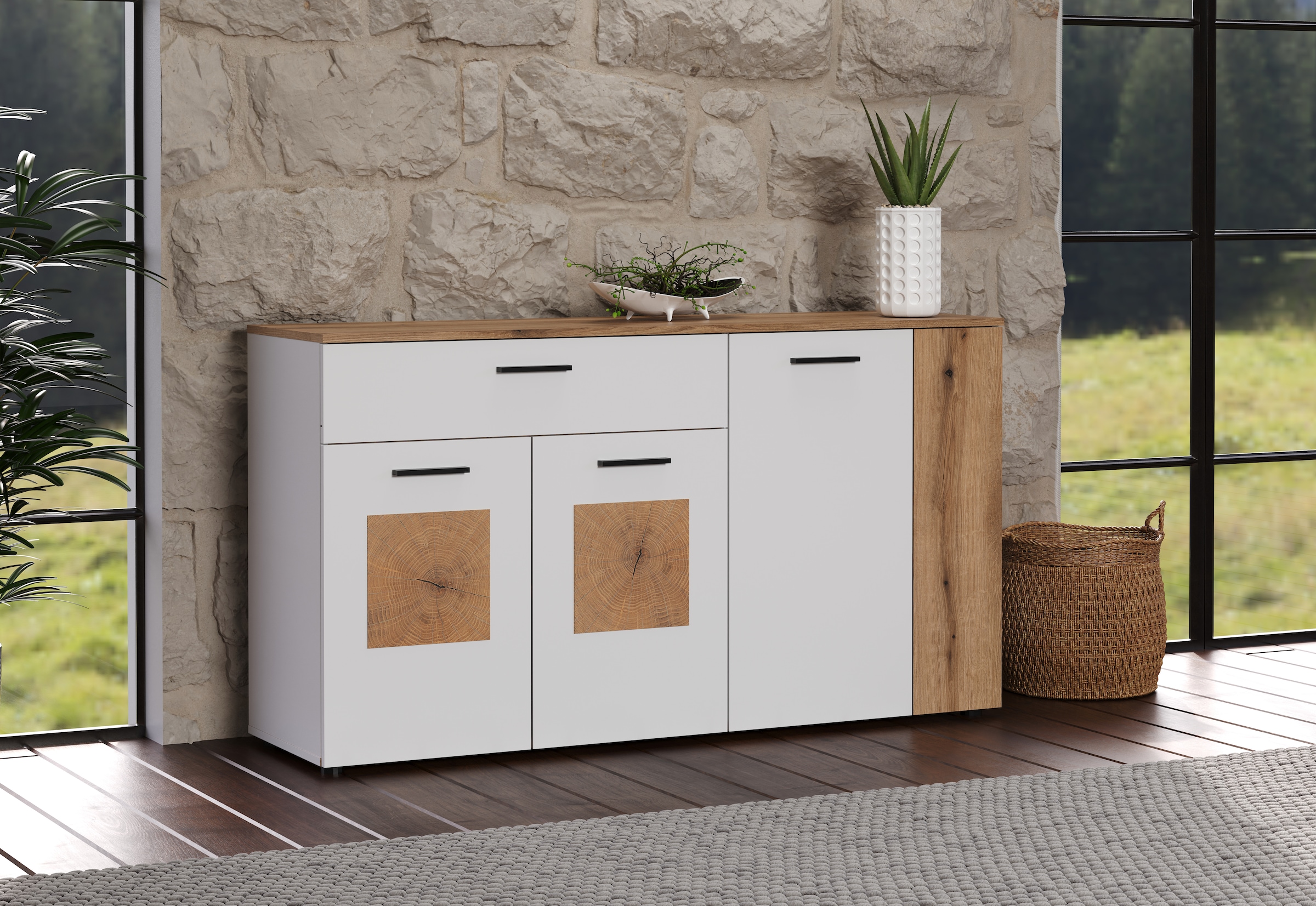 INOSIGN Sideboard »Linz«, (1 St.), Kommode mit Hirnholzapplikationen - Schrank (B/T/H) 150/42/83 cm