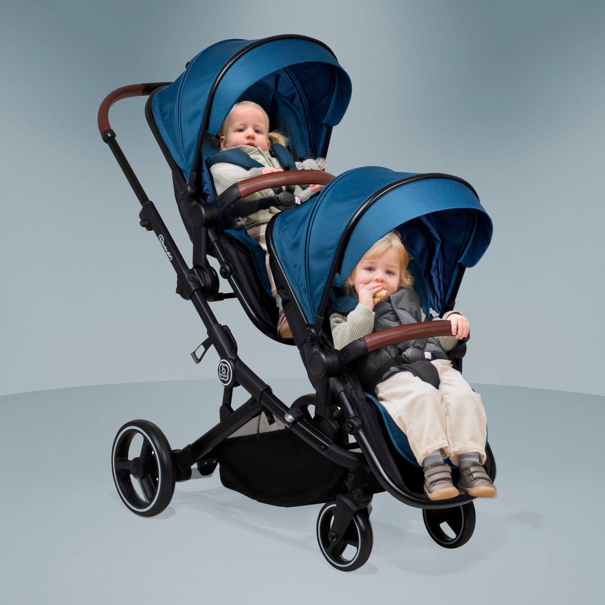 BabyGo Zwillings-Kombikinderwagen »Twinner Set, Blau melange«, 30 kg, inkl. 2 Regenhauben, Wickeltasche