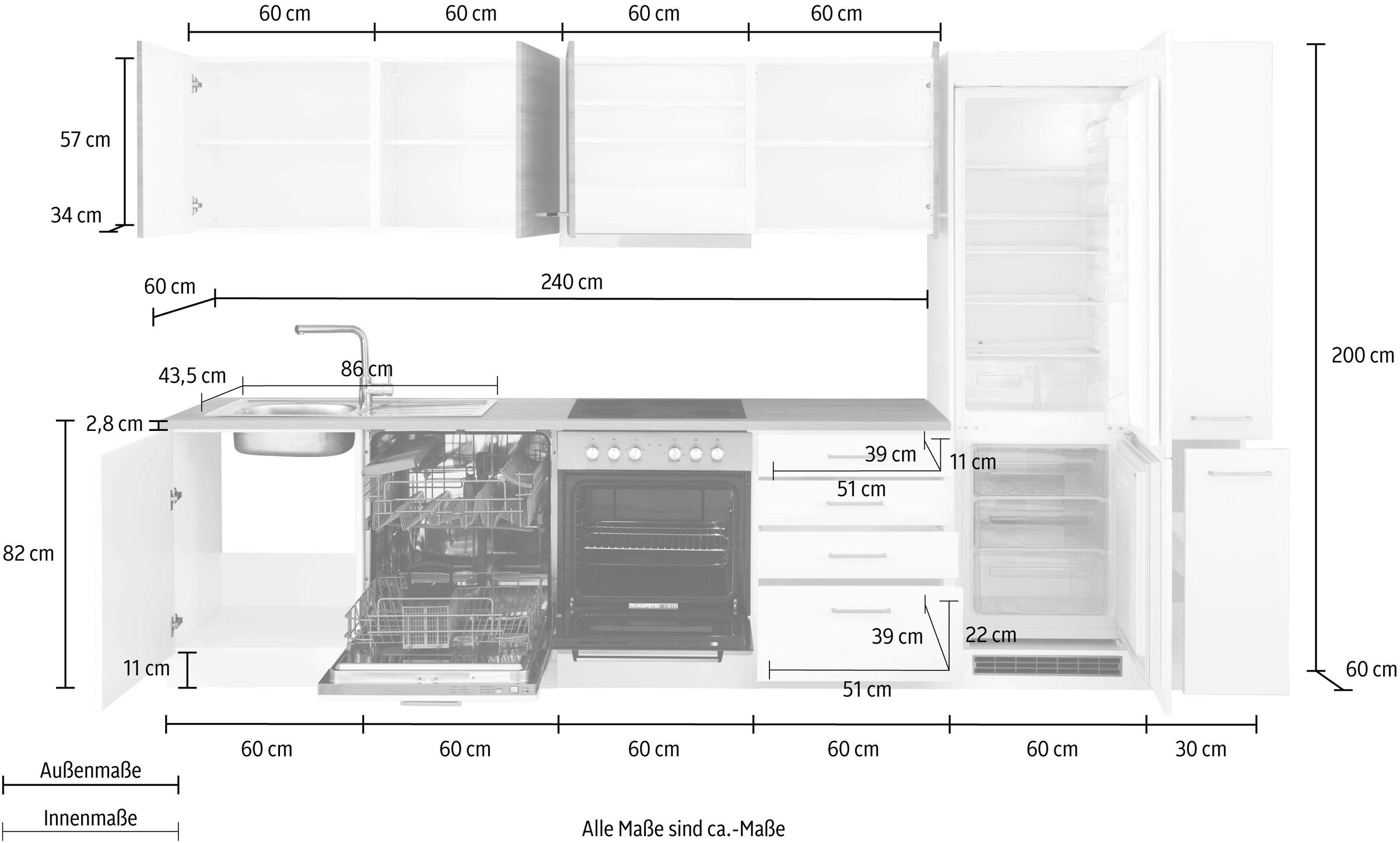 KOCHSTATION Küchenzeile »KS-Visby«, mit E-Geräten, Breite 330 cm, inkl. Kühl/Gefrierkombination