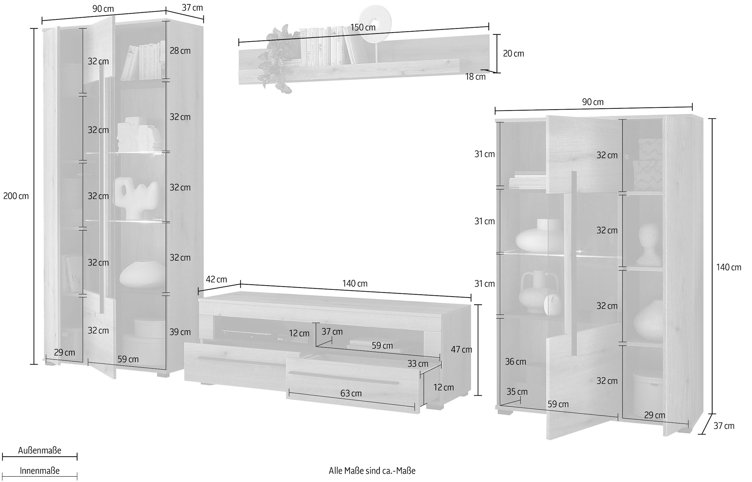 INOSIGN Wohnwand »Cantara, moderne Anbauwand, Wohnzimmer-Set, in Eiche Evoke oder Weiß«, (Set), enthält zwei Vitrinen, ein Lowboard und ein Wandboard