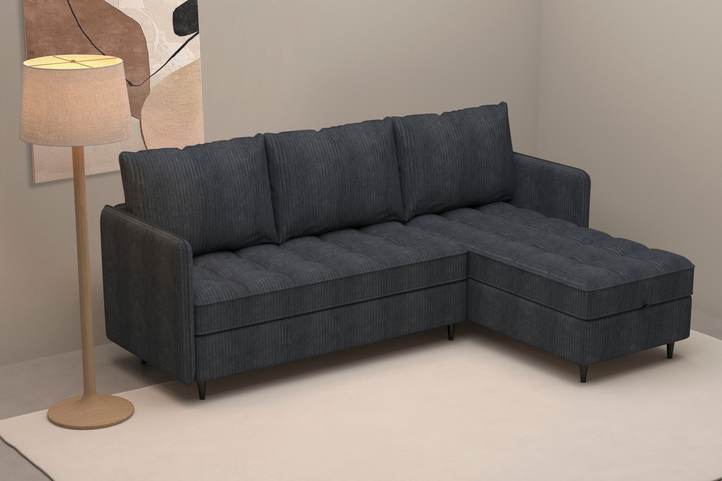 Dorel Home Ecksofa »LINDHUS, Sofa mit Hocker, 4 verschiedene Stellvarianten, L-Form«, Wohnlandschaft, mit Recamiere, großer Bettkasten, Cord, Chenille