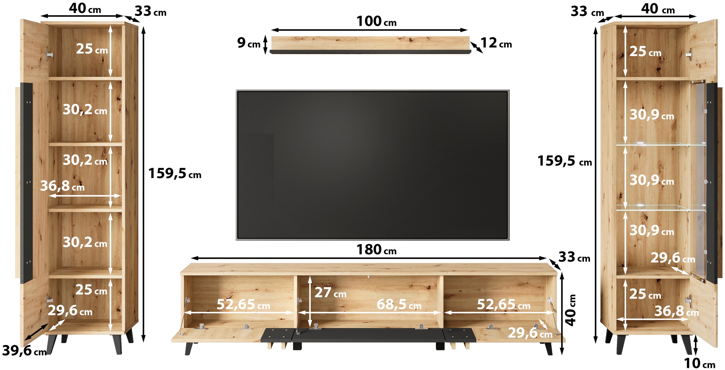 INOSIGN Wohnwand »Helsinki, Modernes Set mit verglaster Vitrine«, (Komplett-Set, 4 St.), mit lamellengriffen, verstellbaren Einlegeböden und Kunststofffüßen