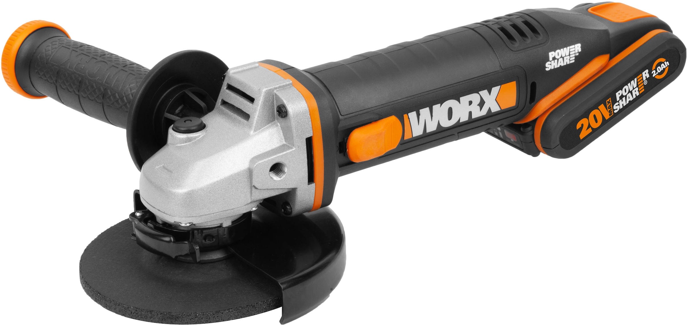 Worx Akku-Winkelschleifer »WX803« 125 mm Scheiben, 2-Position Handgriff, mit Akku & Ladegerät