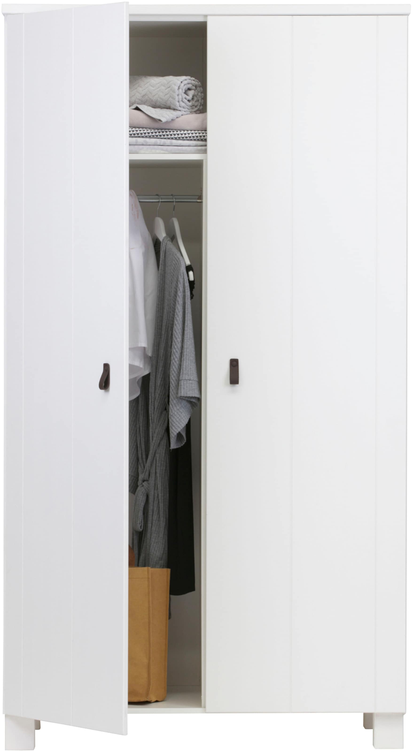 WOOOD Garderobenschrank »Ties FSC®-Kiefernholz gebürstet mit Ledergriffen, H202 x B111 x T55 cm« V-Nuten-Türen, Tragkraft 10 kg pro Einlegeboden, Melamininterieur