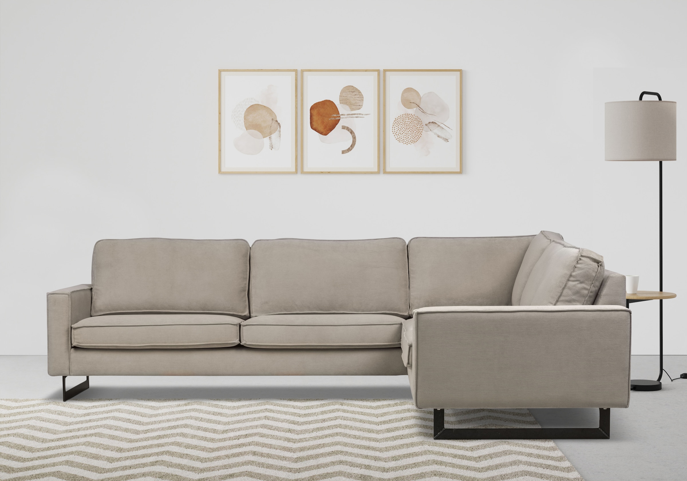 Places of Style Ecksofa »Pinto, XXL, 250/290 cm, langer Schenkel, Ottomane«, Cord, Chenille, Lederoptik, mit Keder, Metallfüße, Wellenunterfederung