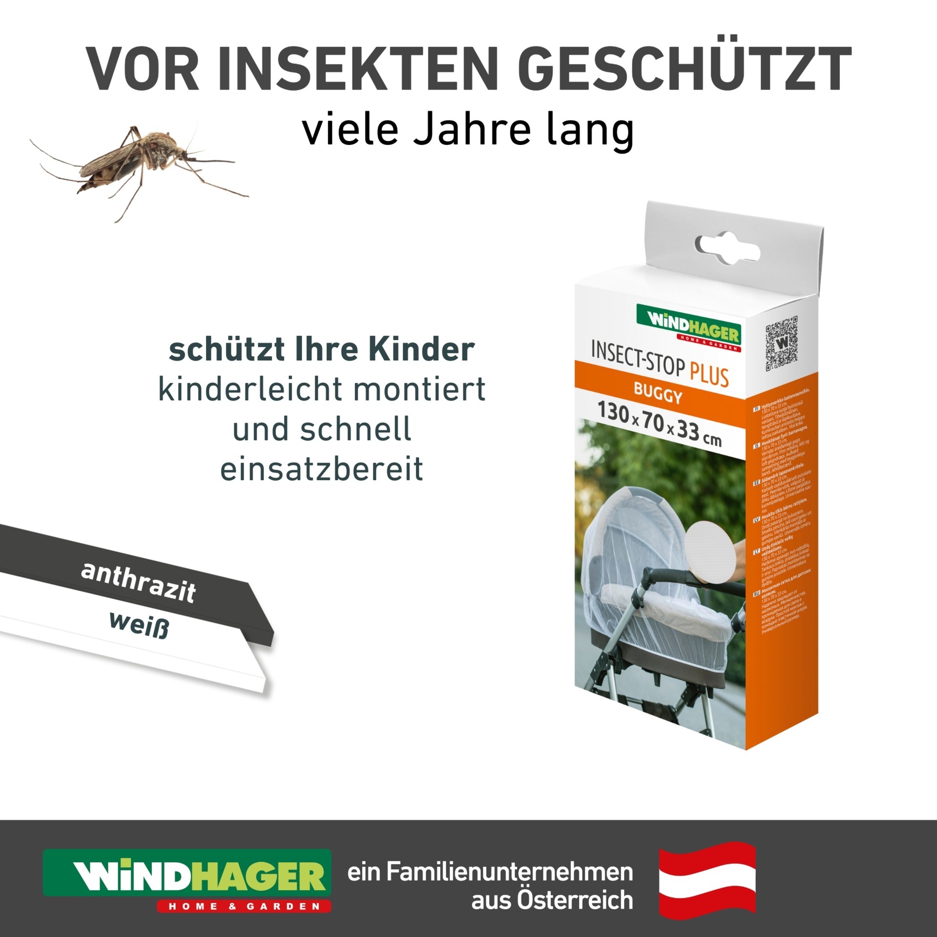 Windhager Kinderwagen-Insektenschutz »für Buggy oder Babyschale, Fliegengitter Licht- und Luftdurchlässig« 1 Stk. tlg. Mückennetz feinmaschig mit Gummizug, 130 x 70 x 33 cm, anthrazit