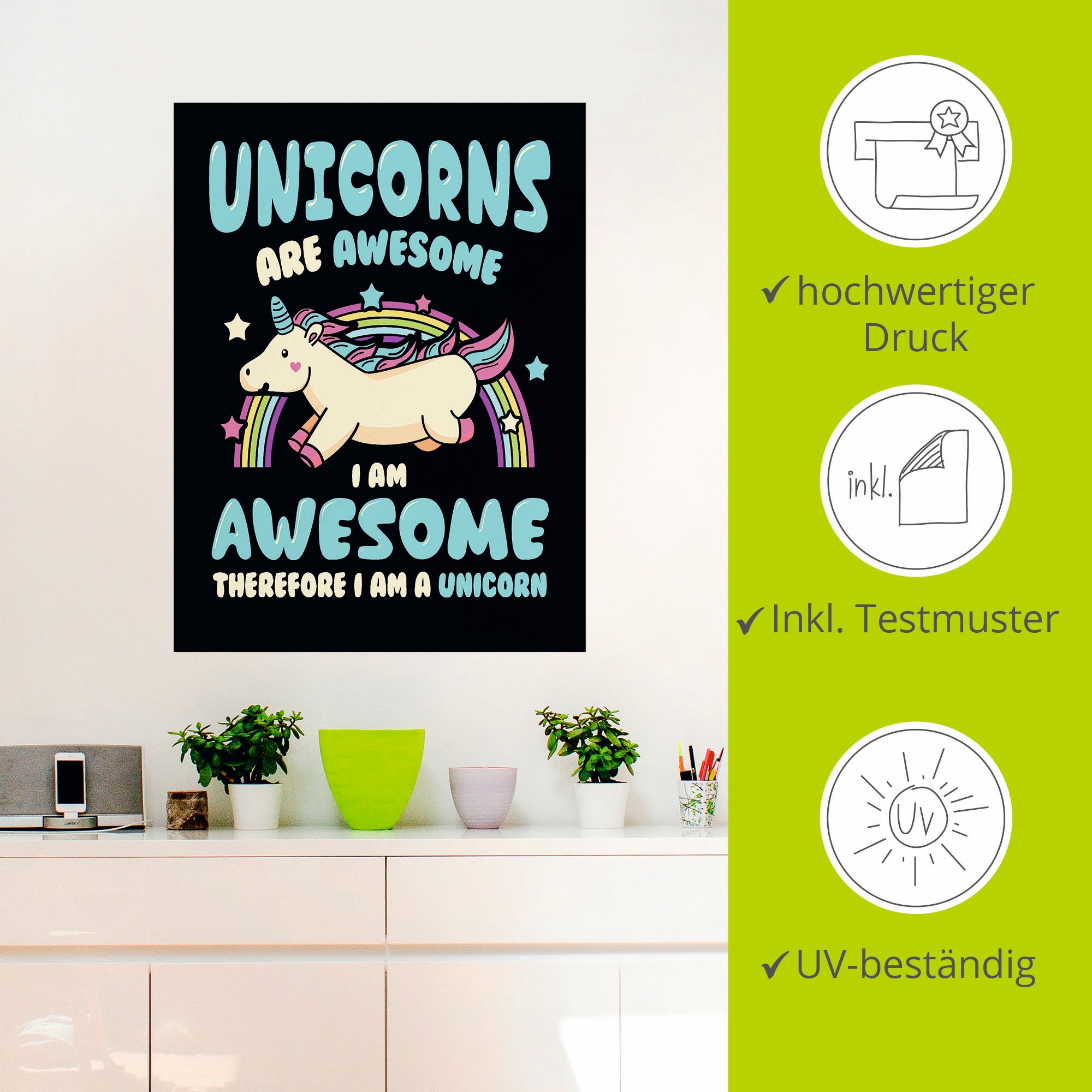 Artland Wandbild »Einhorn Spruch«, Humor, (1 St.), als Poster, Wandaufkleber in verschied. Größen