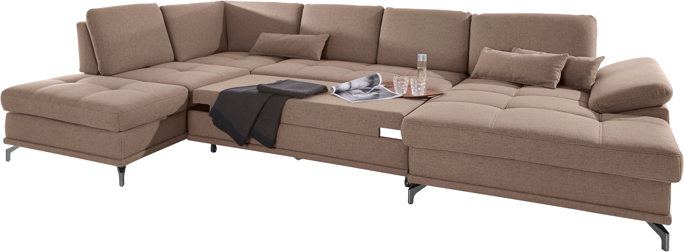 Places of Style Wohnlandschaft »Costello U-Form, mit Sitztiefenverstellung, Armteilverstellung und«, 3 Nierenkissen, optional Bettfunktion und Bettkasten