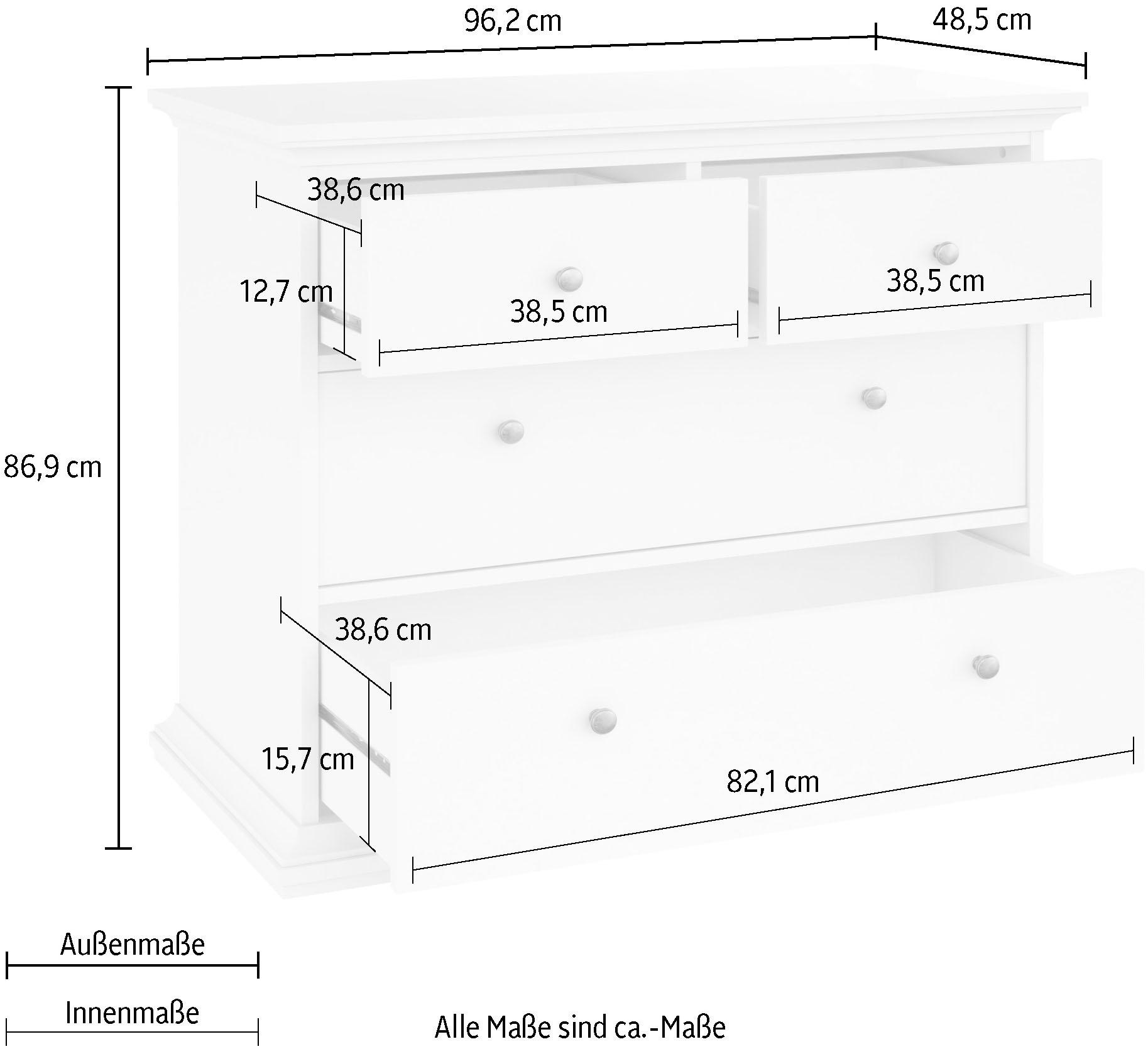 Home affaire Kommode »Paris, Aufbewahrung, Schubladenschrank, Stauraum«, mit 4 Schubladen, Breite 96 cm, Höhe 87 cm