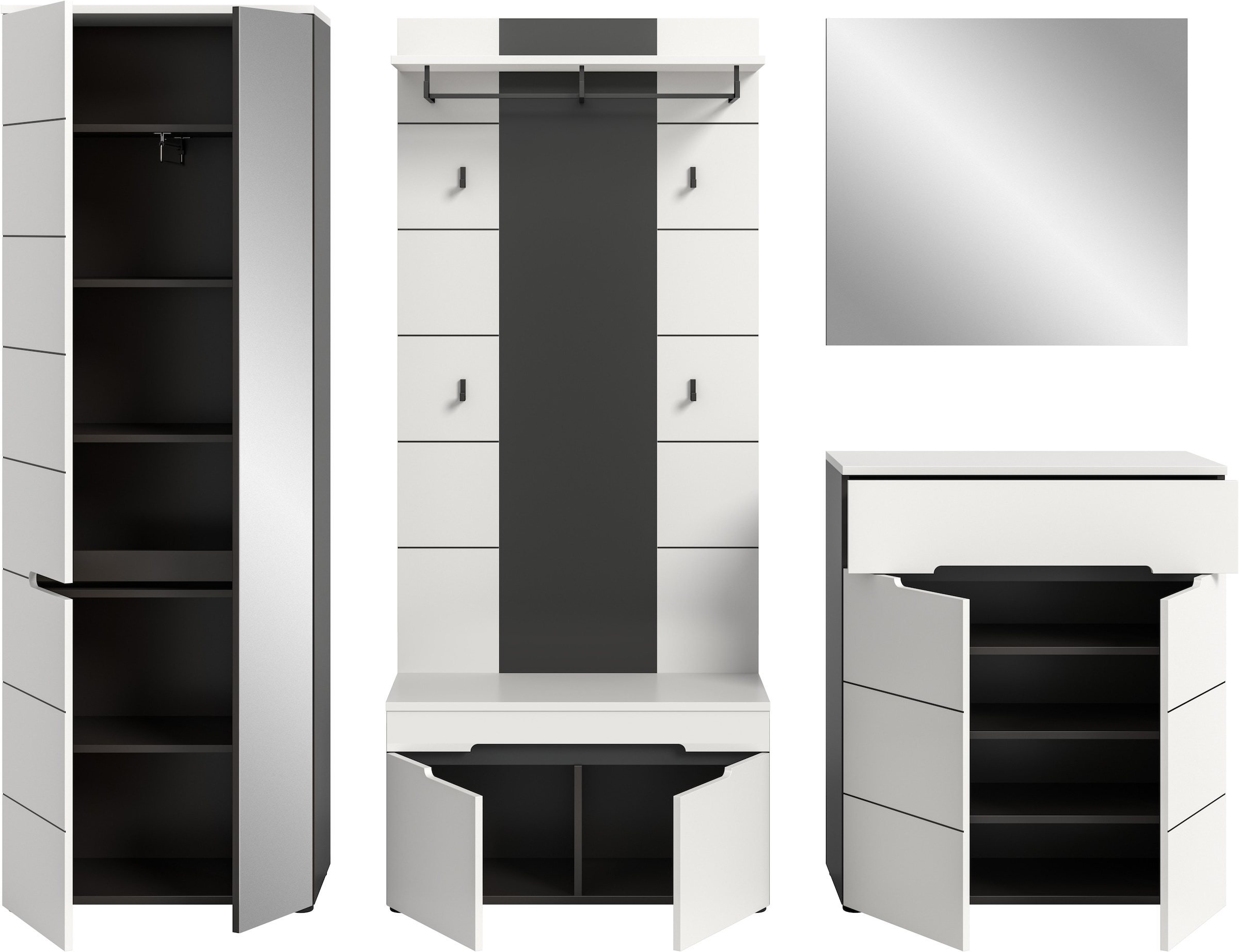 INOSIGN Garderoben-Set, (Set, 5 St., bestehend aus: Garderobenschrank, Sitzbank, Paneel, Spiegel, Kommode), Garderobenkombination, Kombination, Set, Flurgarderobe, Diele