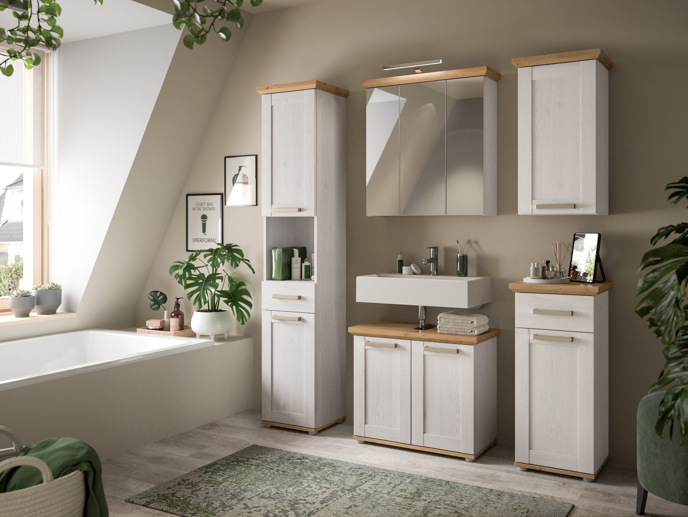 welltime Unterschrank »COSENZA, Höhe 85cm, 1 Tür, 1 Schubkasten, 1 Einlegeboden, 2 Fächer« in Landhausoptik, mit weiteren Artikel der Serie kombinierbar, 1 Stk. tlg. Standschrank, Badezimmerschrank, Bad, Badezimmer