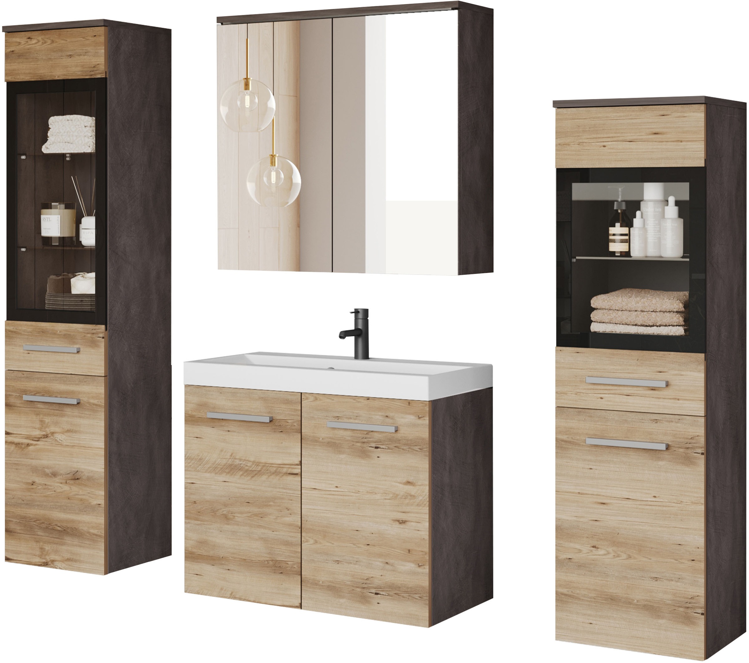welltime Badmöbel-Set »MADRIT II, Schrank mit Waschbecken, 2 Hänger, Spiege günstig online kaufen