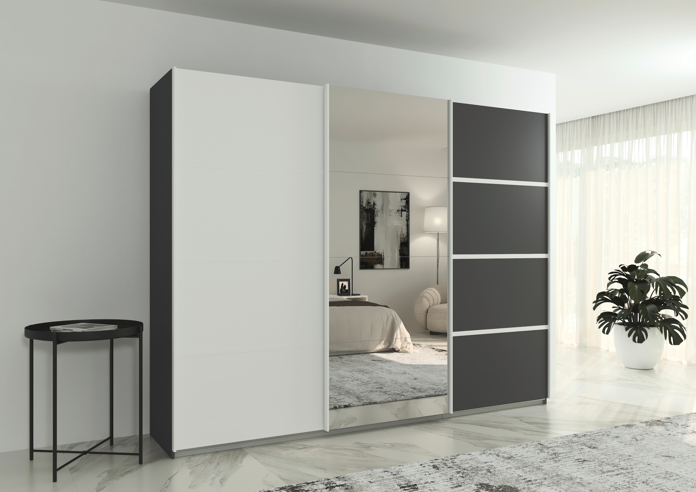 rauch Kleiderschrank »Schwebetürenschrank OTTO´s Choice Garderobe Schrank TOP ANGEBOT Avola«, (in 3 verschiedenen Ausstattungen BASIC/CLASSIC/PREMIUM inkl. Spiegel), mit eleganten Zierleisten in Chrom, Schwarz oder Weiß MADE IN GERMANY