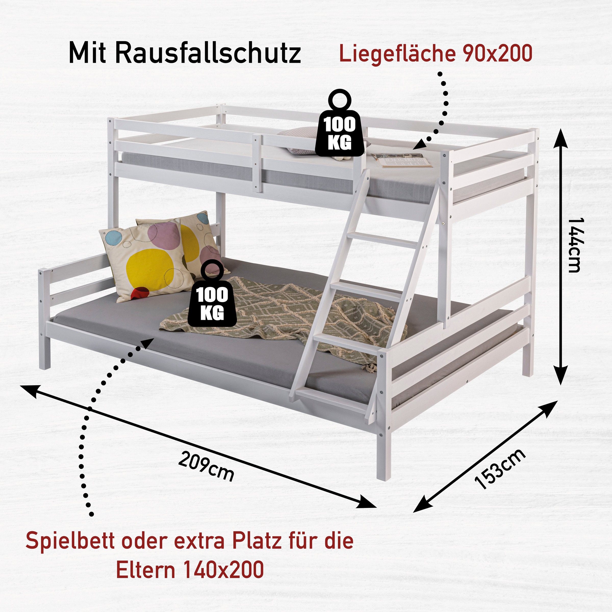 Inter Link Etagenbett »Sleepy Cloud, 90/140x200, Kiefer Massivholz, Weiss lackiert« 1 Stk. tlg. Inkl. 2 Lattenroste, Leiter kann rechts oder links montiert werden
