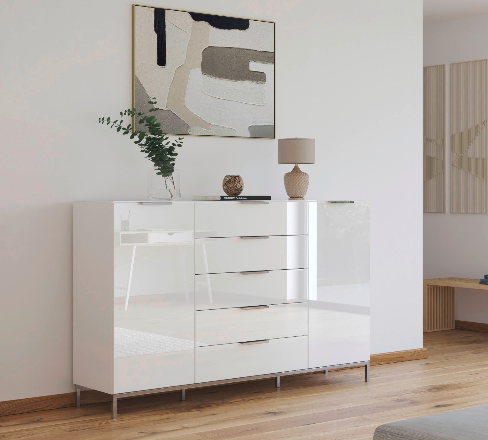 rauch Schubkastenkommode »Kommode Türkommode Sideboard Kombikommode FLIPP mit Glasfront«, (Breite 160/180 cm mit 4 Einlegeböden), 2-türig, 5 Schubladen, Soft-Close, Oberboden und Front Glas, 2 Breiten