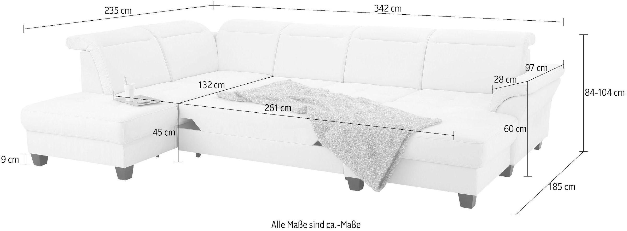 Home affaire Wohnlandschaft »Solvei U-Form«, Sitztiefenverstellung und Federkern, wahlweise Kopfteilverstellung