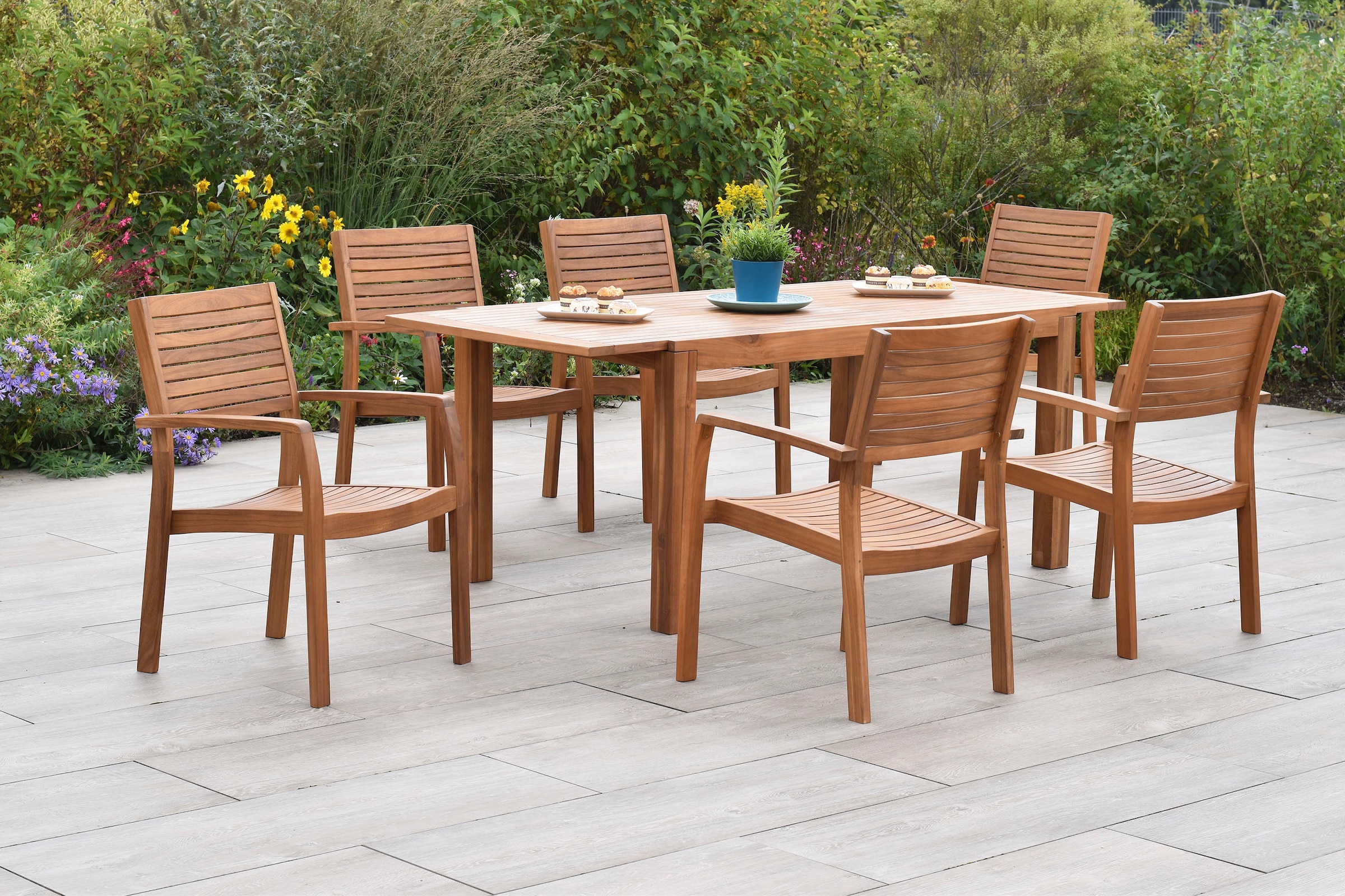 MERXX Garten-Essgruppe »Batavia« Set, 7 tlg. inkl. 6 Stapelsessel, 1 Ausziehtisch