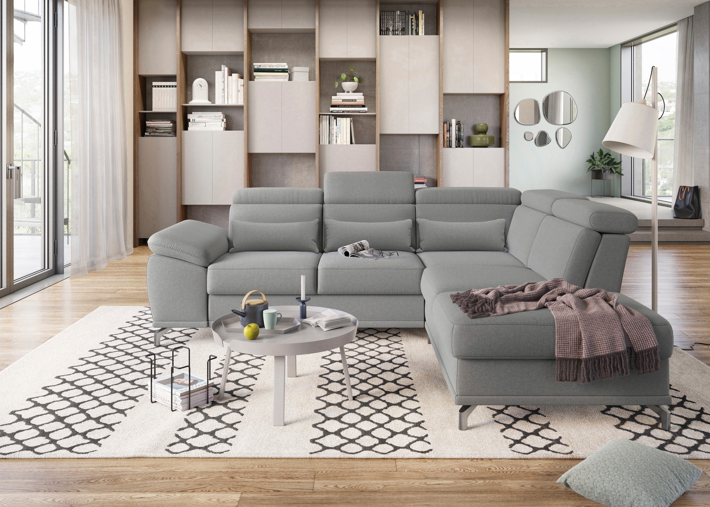 sit&more Ecksofa »Cabrio L-Form, B: 274 cm, mit Sitztiefen-, Arm- & Kopfteilverstellung« 3 Nierenkissen, Federkern, optional Bettfunktion und Stauraum