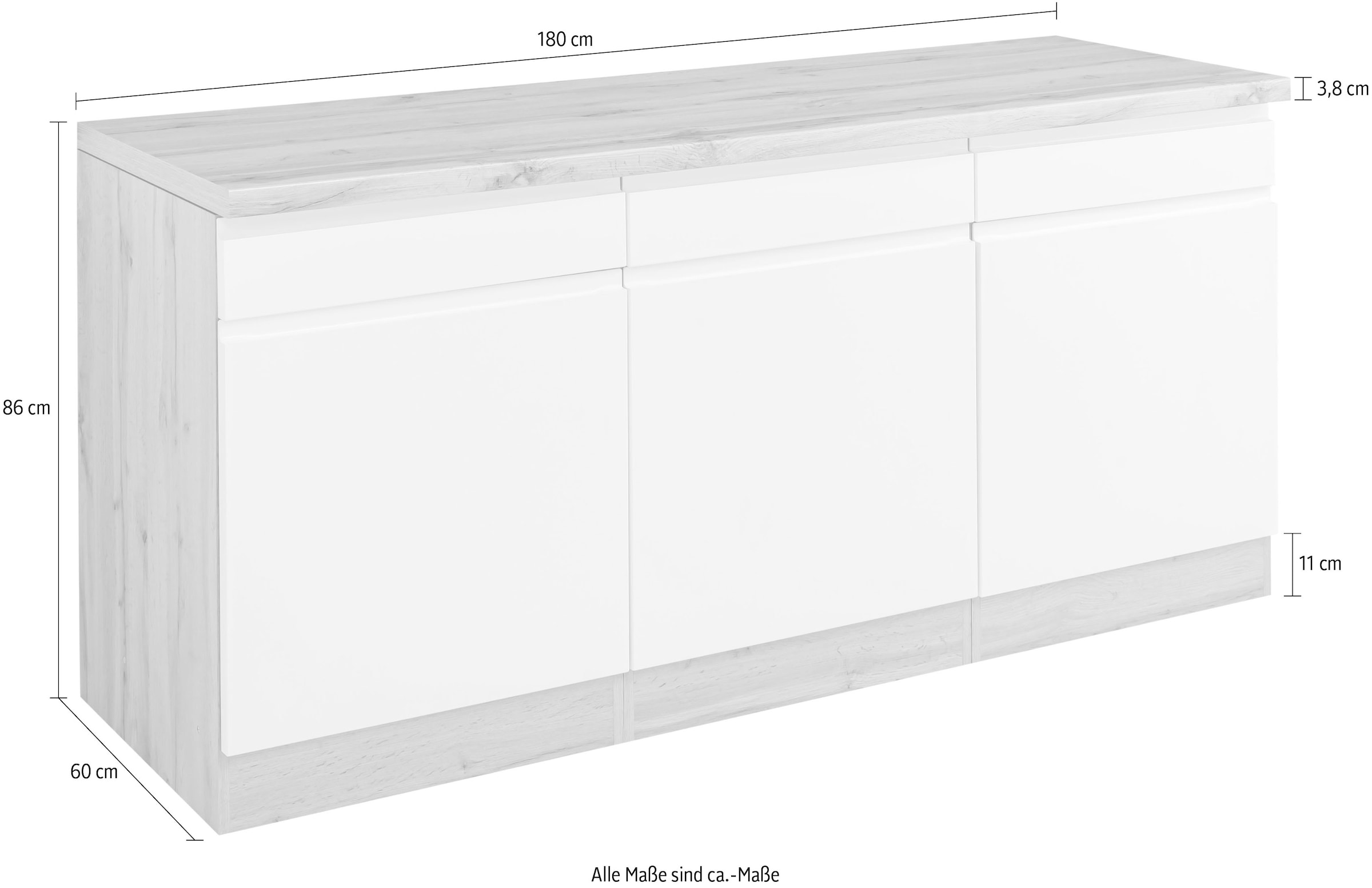 KOCHSTATION Unterschrank »KS-Bruneck« >>Bruneck<< 180 cm breit, für viel Stauraum, hochwertige MDF-Fronten