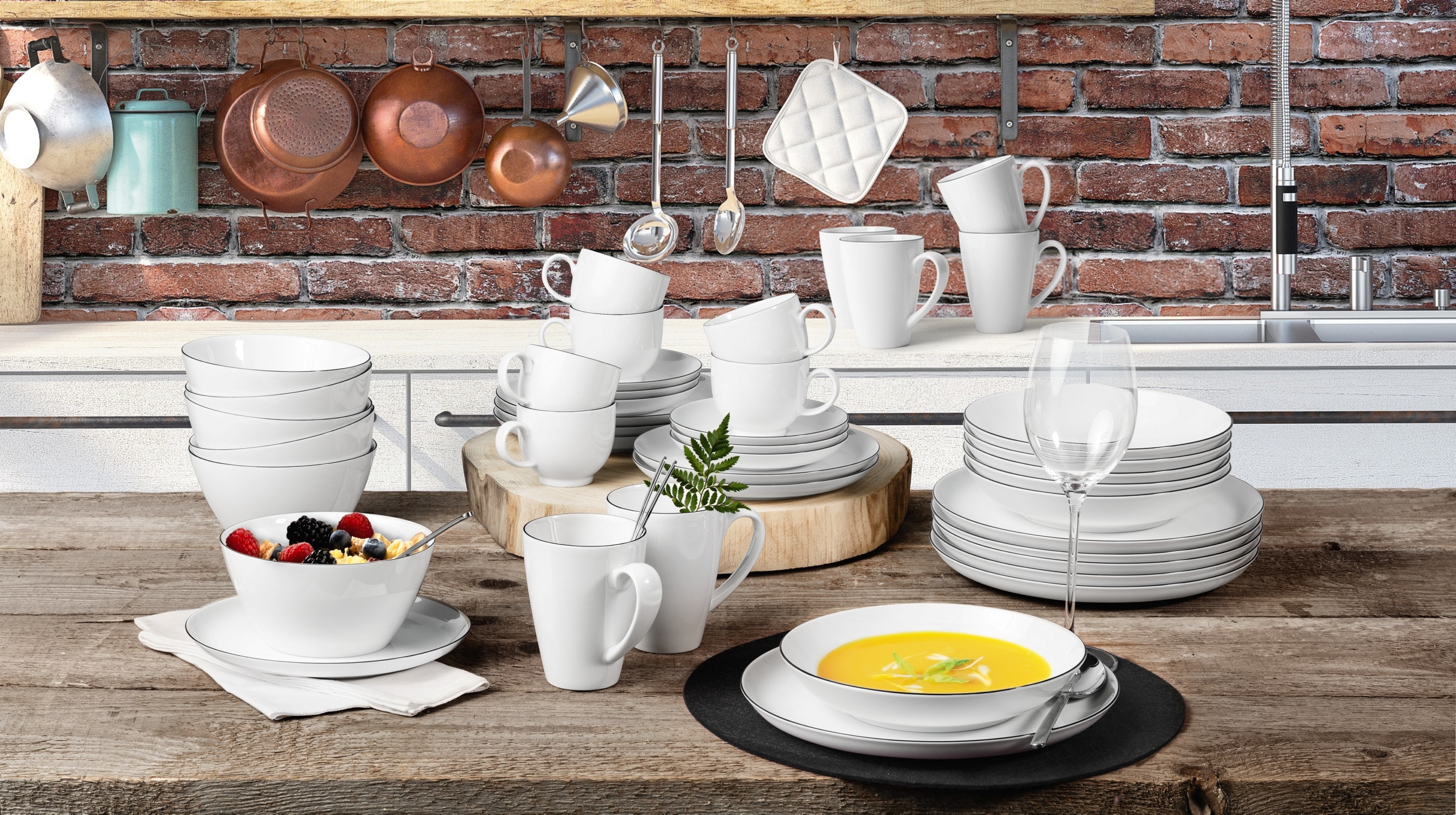 Seltmann Weiden Frühstücks-Geschirrset »Geschirr-Set, 18 Teile, Lido Black Line, rund«, (Set, 18 tlg., 6x Becher Tambel 0,35 l, 6x Frühstücksteller, 6x Müslischale), Becher, Teller, Schalen, 18 Teile, 6 Personen, Made in Germany