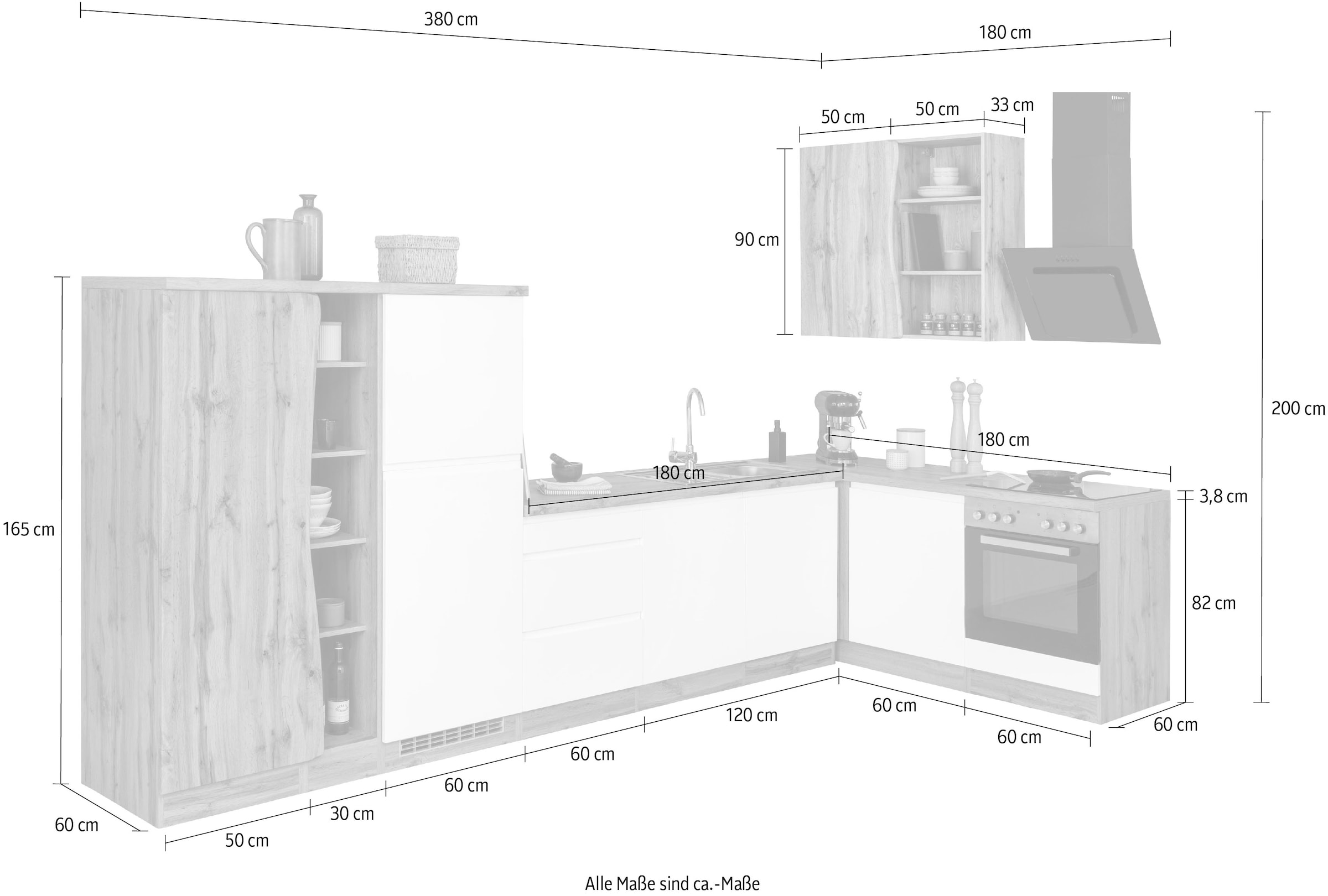 HELD MÖBEL Küche »Bruneck«, Stellbreite 380/180 cm breit, wahlweise mit  oder ohne E-Geräte, MDF auf Rechnung kaufen
