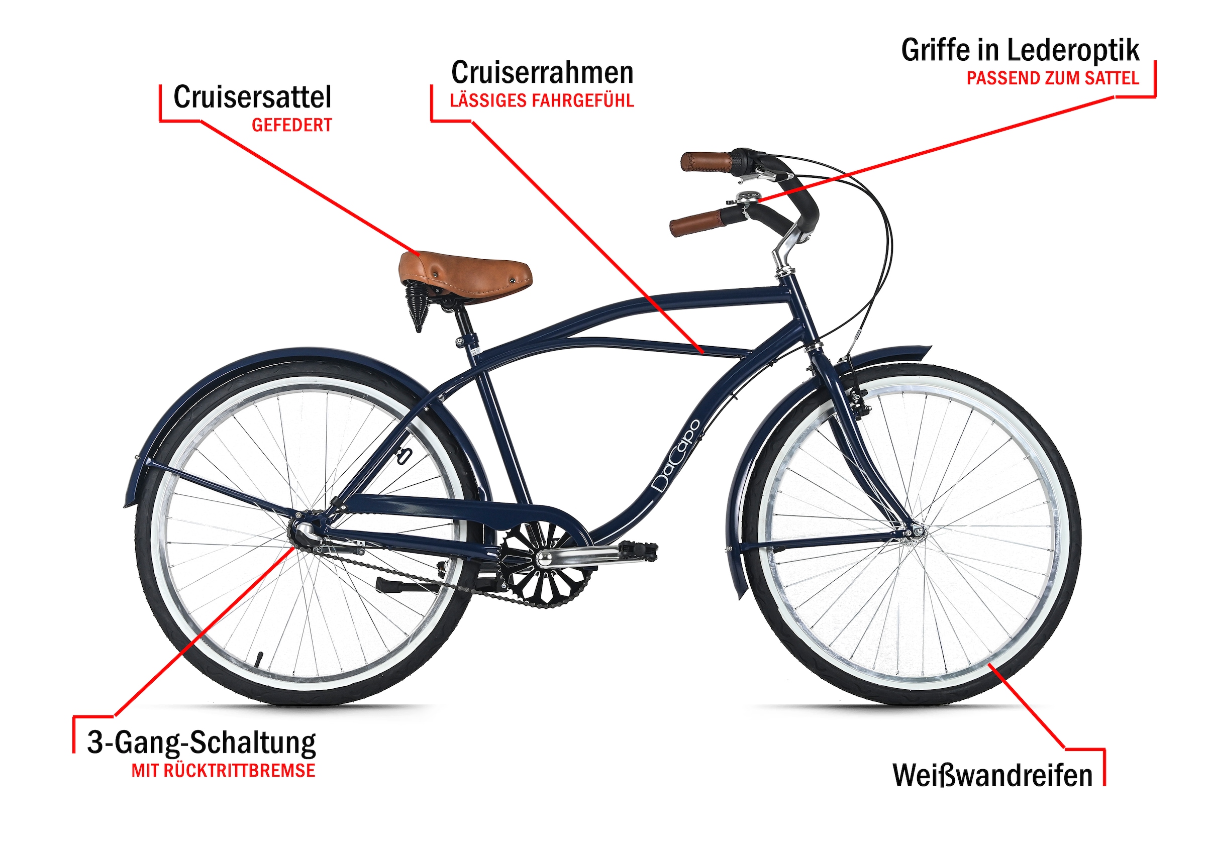 Dacapo Cruiser »Beachcruiser Herren 26" California Blau 3 Gänge RH 46 cm« 3 Gang Shimano Nexus Schaltwerk Nabenschaltung