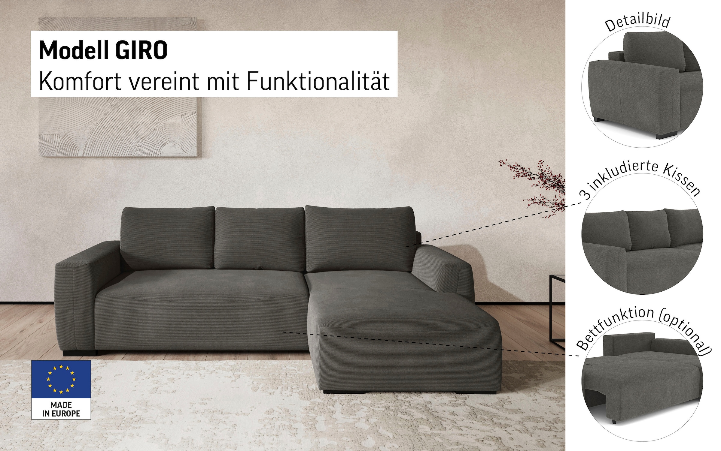 COTTA Ecksofa »Giro L-Form, Recamiere, Breite 252 cm« wahlweise mit Bettkasten und Trendbezug CORD!