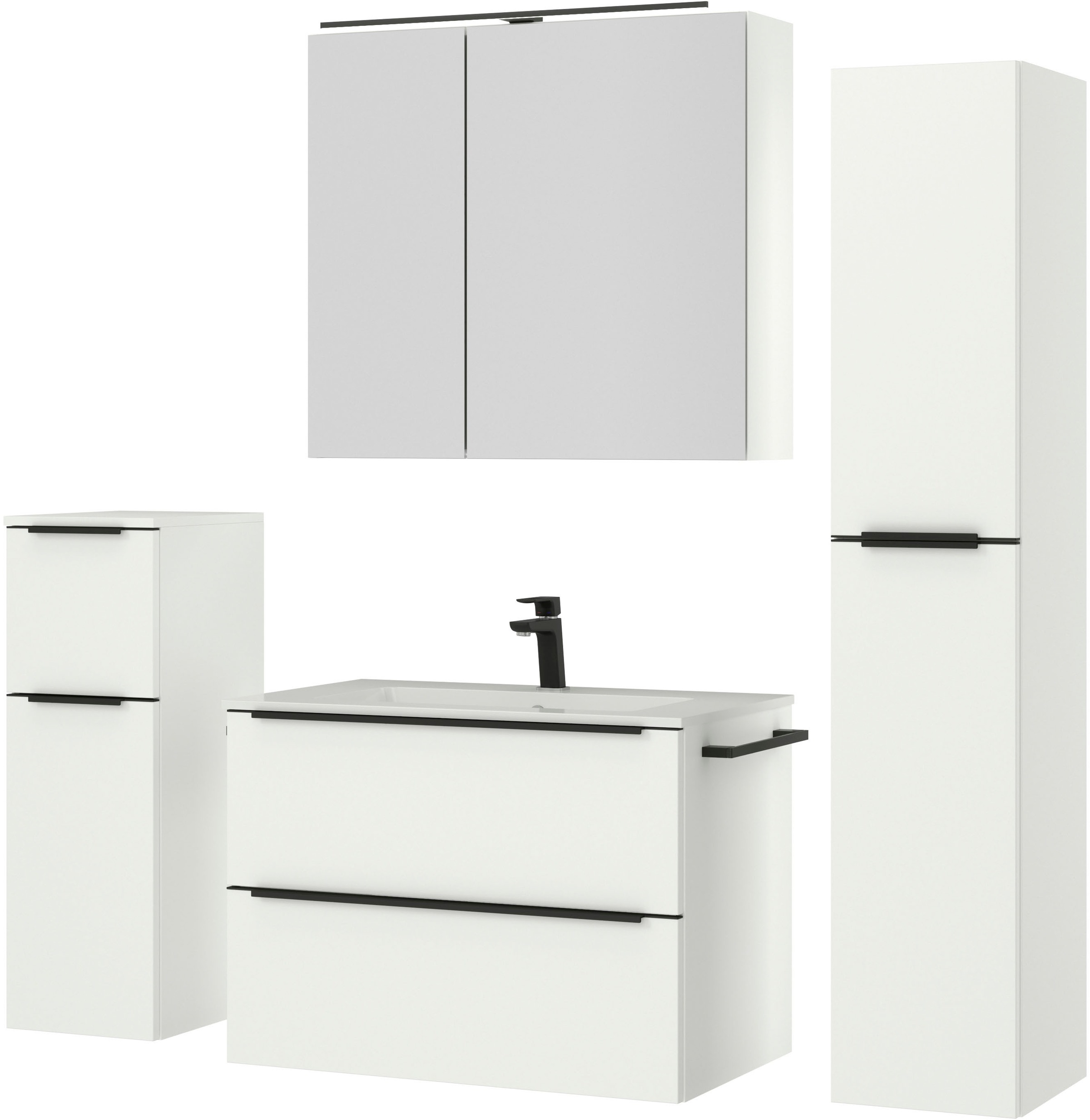 nobilia® Badmöbel-Set »Levere«, (4 St., vormontiert, mit Soft-Close), inkl. Spiegelschrank mit Beleuchtung und Dimmerfunktion, in 4 Breiten