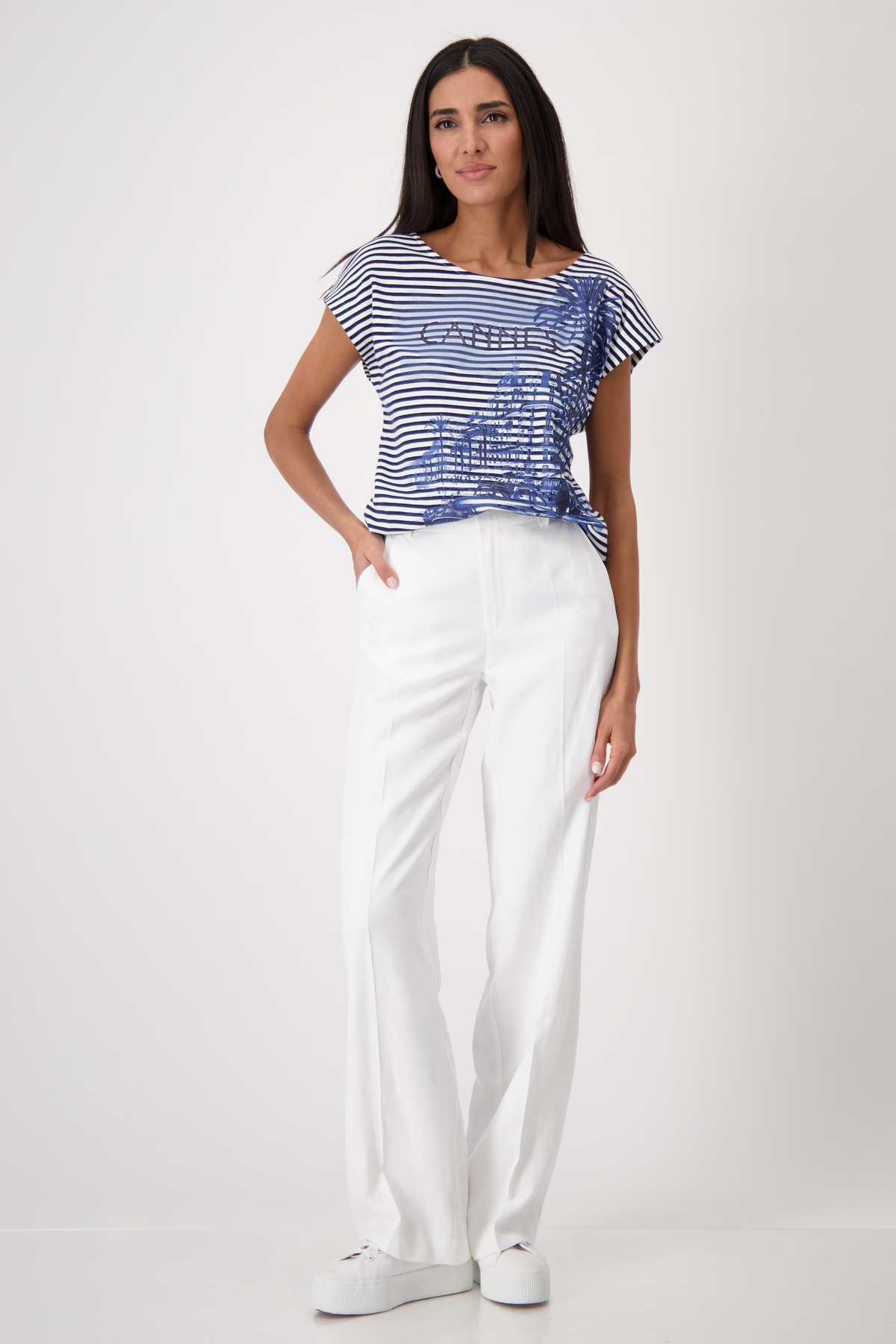 Monari T-Shirt »Shirt Ringel + Druck«, Mit Rundhalsausschnitt