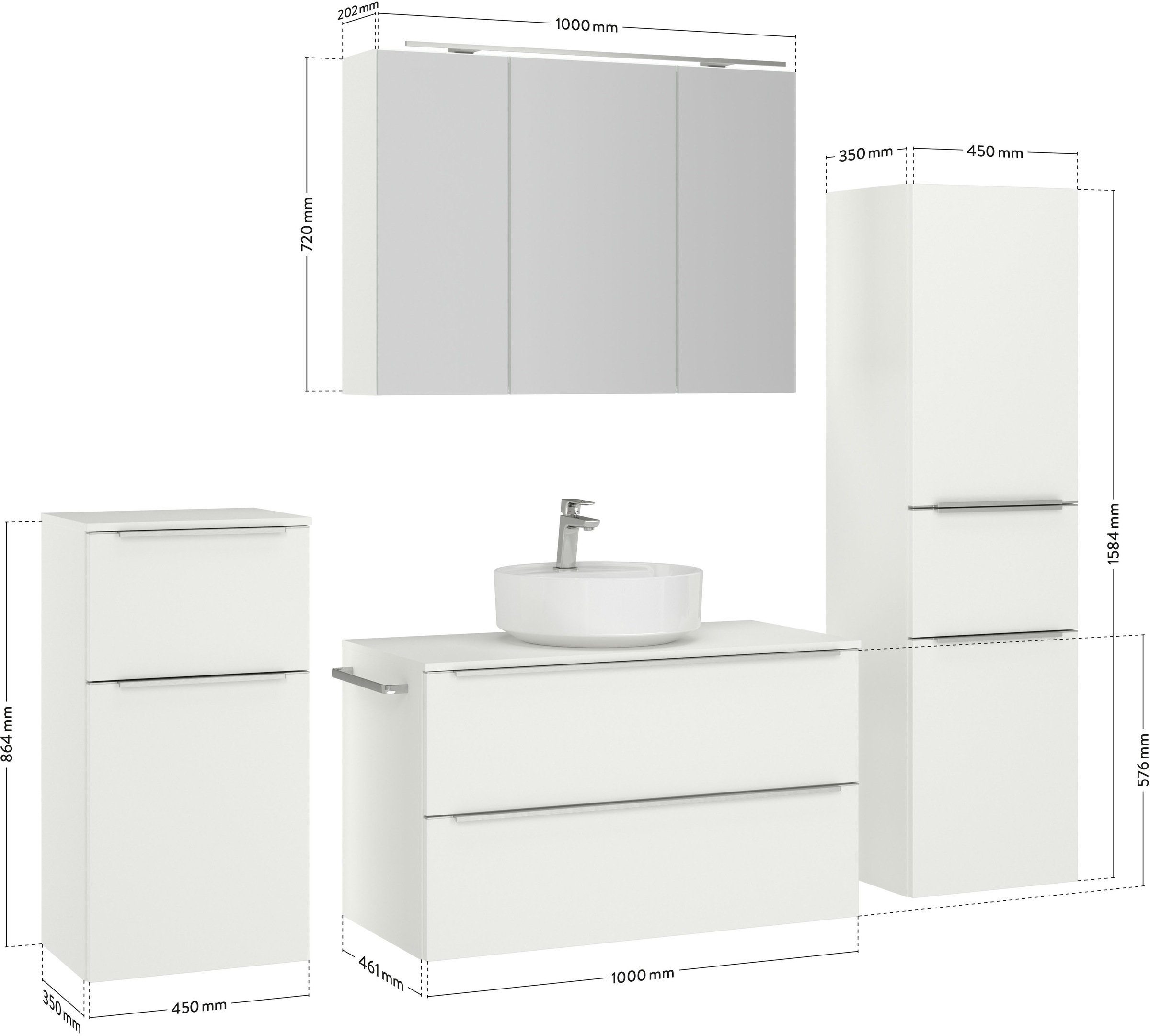 nobilia® Badmöbel-Set »Alvene«, (4 St., vormontiert, mit Soft-Close), inkl. Spiegelschrank mit Beleuchtung und Dimmerfunktion, in 4 Breiten