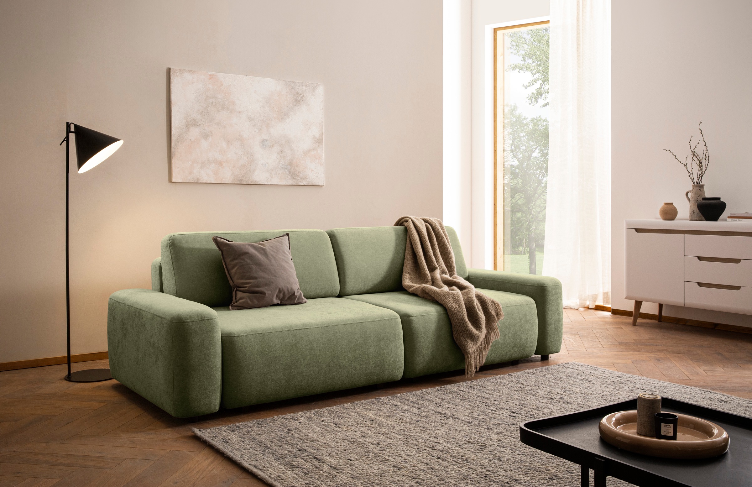 INOSIGN 3-Sitzer »TORGE (257cm), Sofa,Schlafsofa in Cord, Samtvelours, Struktur fein«, rundes Design, Schlaffunktion u. Bettkasten, Liegefläche: 135/200 cm