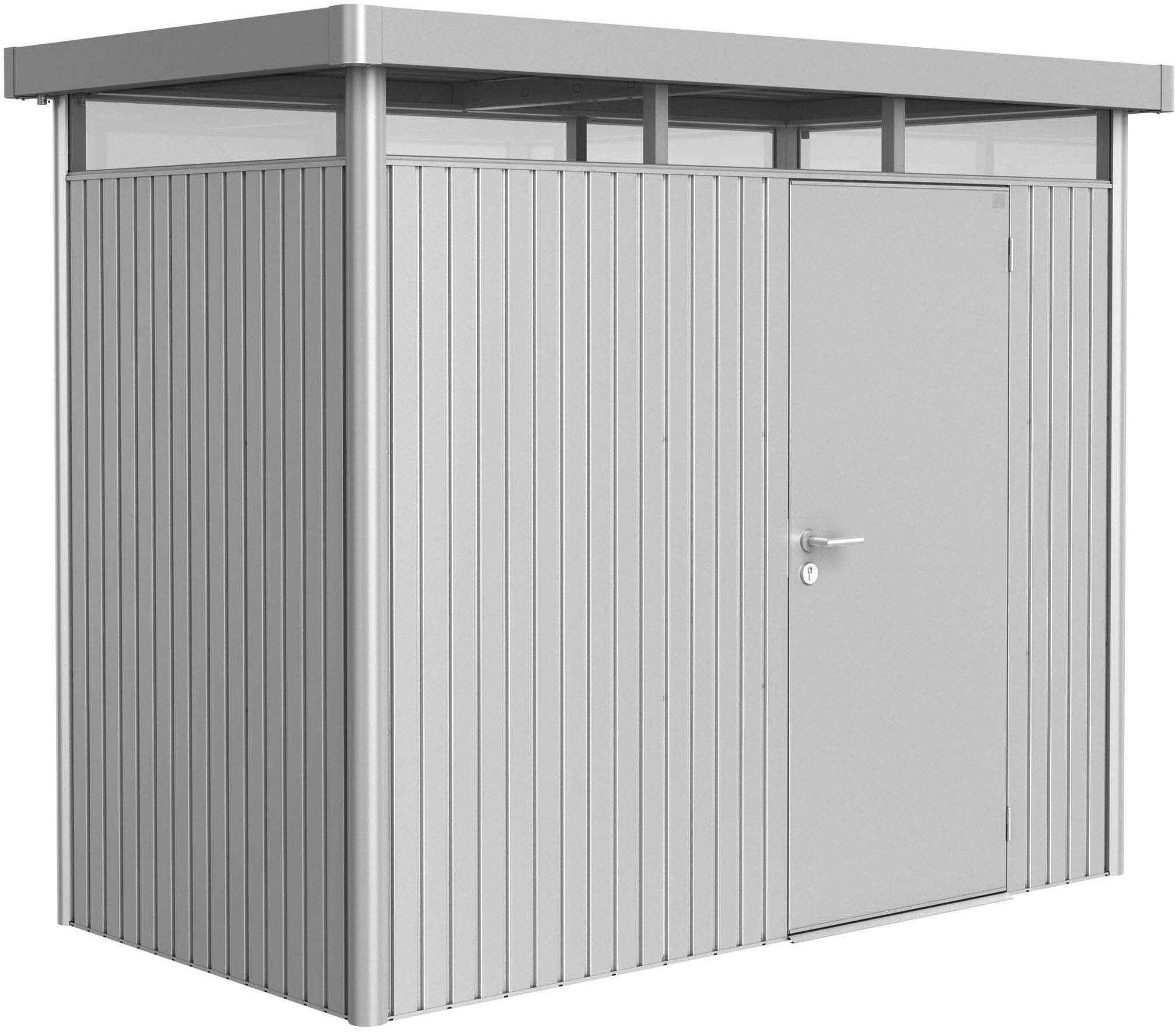 BIOHORT Gerätehaus »HIGHLINE Gr. H1, verschiedene Farben« stylisches Metall-Gartenhaus mit Flachdach silber-metallic