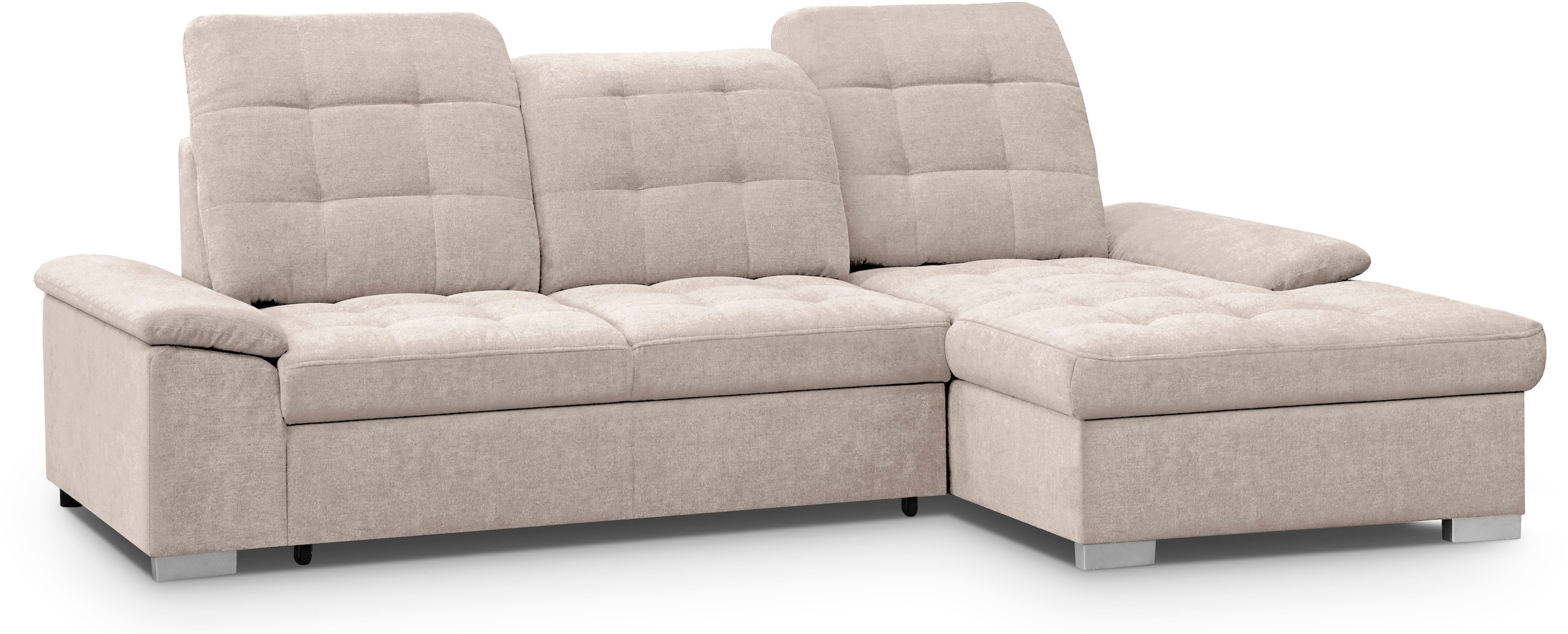 WERK2 Ecksofa »Carmen 264 cm breit L-Form Sofa Schlaffunktion Kopfstützen verstellbar« Schlafcouch mit Bettkasten, Eckcouch wahlw. mit Sitztiefenverstellung