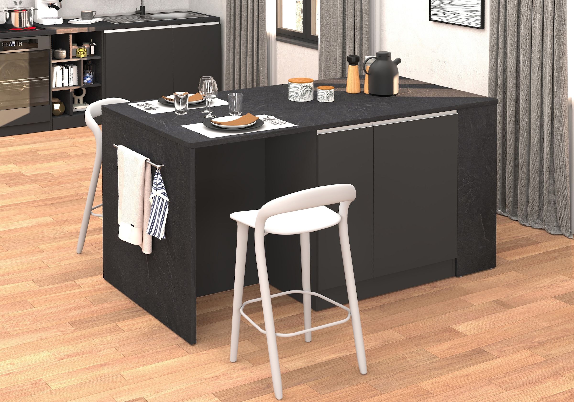 KOCHSTATION Kücheninsel »KS-Sole, Kochinsel, Küchenarbeitsblock, Arbeitsinsel, Made in Italy«, Breite 167,5 cm, 2 Apothekerauszüge, 2 Essplätze, 1 offenes Regal