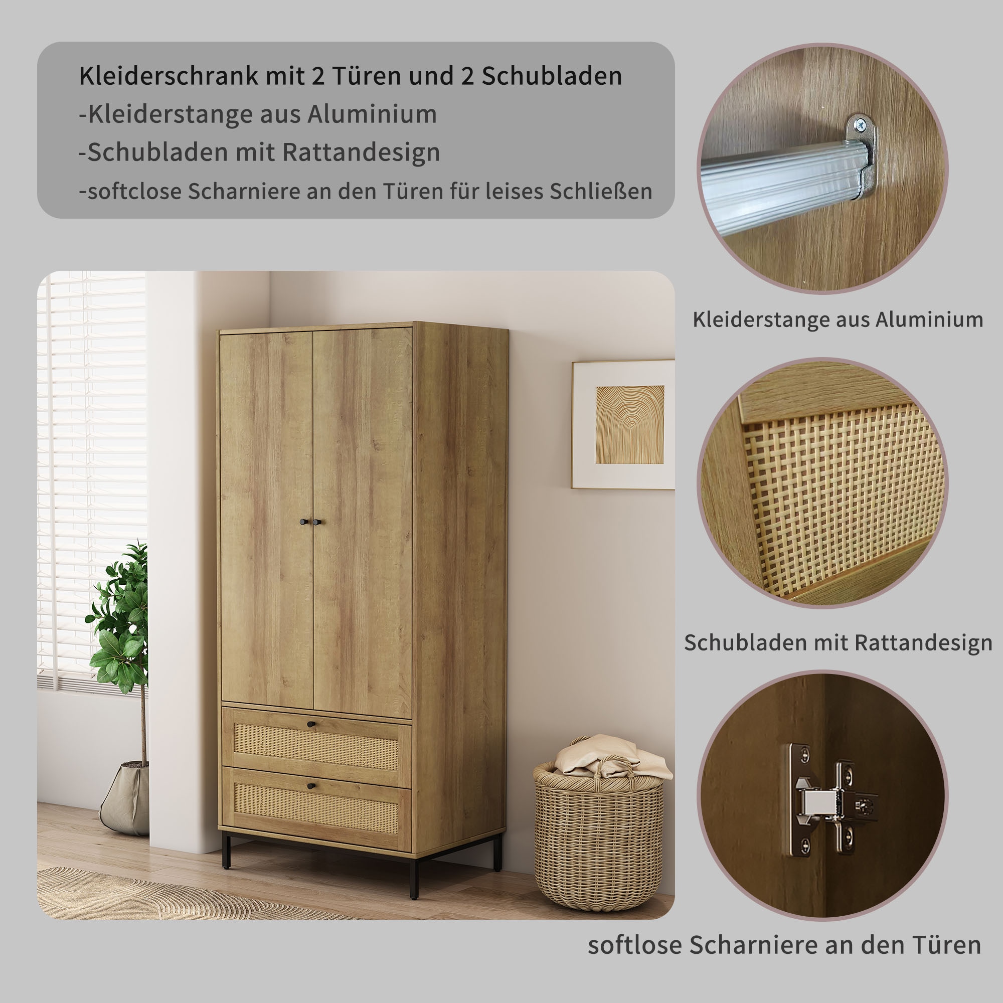 OTTO home Kleiderschrank »Motala Schlafzimmerschrank Garderobe Boho Eichen-Design Bestseller« Moderne schwarze Griffe, Schublade mit Geflecht, 