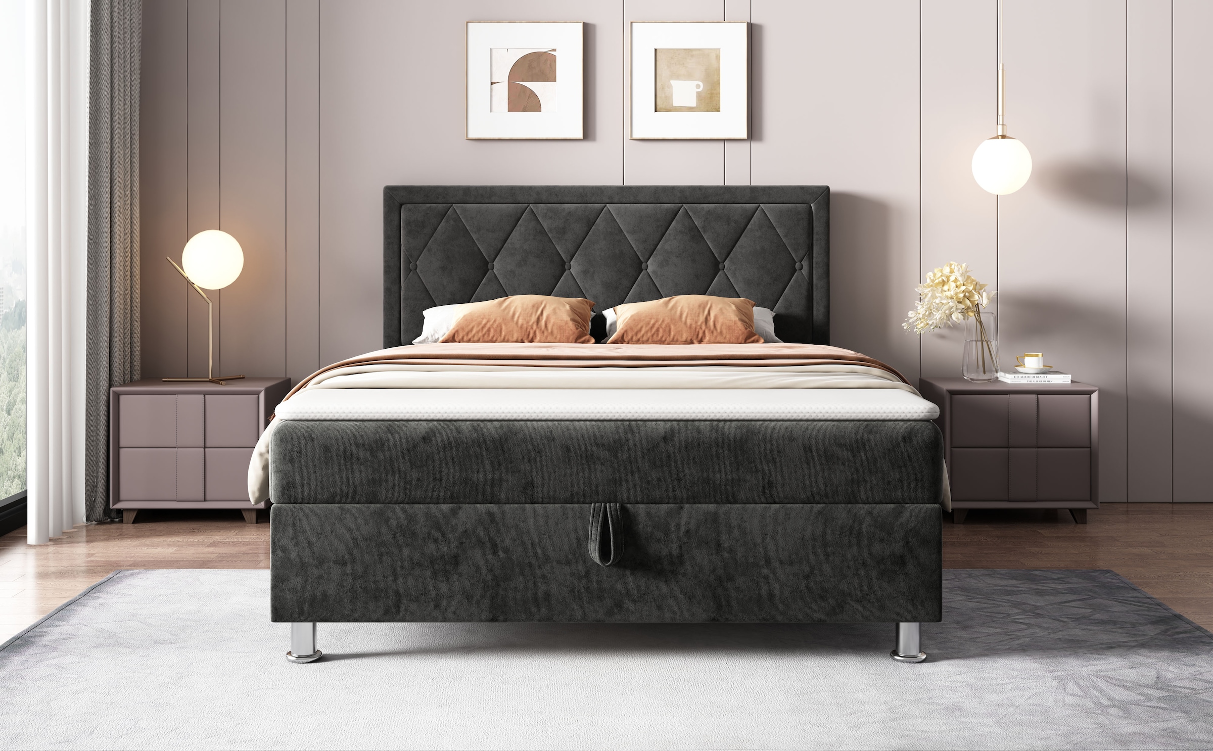 OTTO home Boxbett »EMILLIAN, Polsterbett mit Bettkasten und Taschenfederkernmatratze H3« mit Kaltschaumtopper, Chenille-Bezug, Liegefläche 140x200 cm