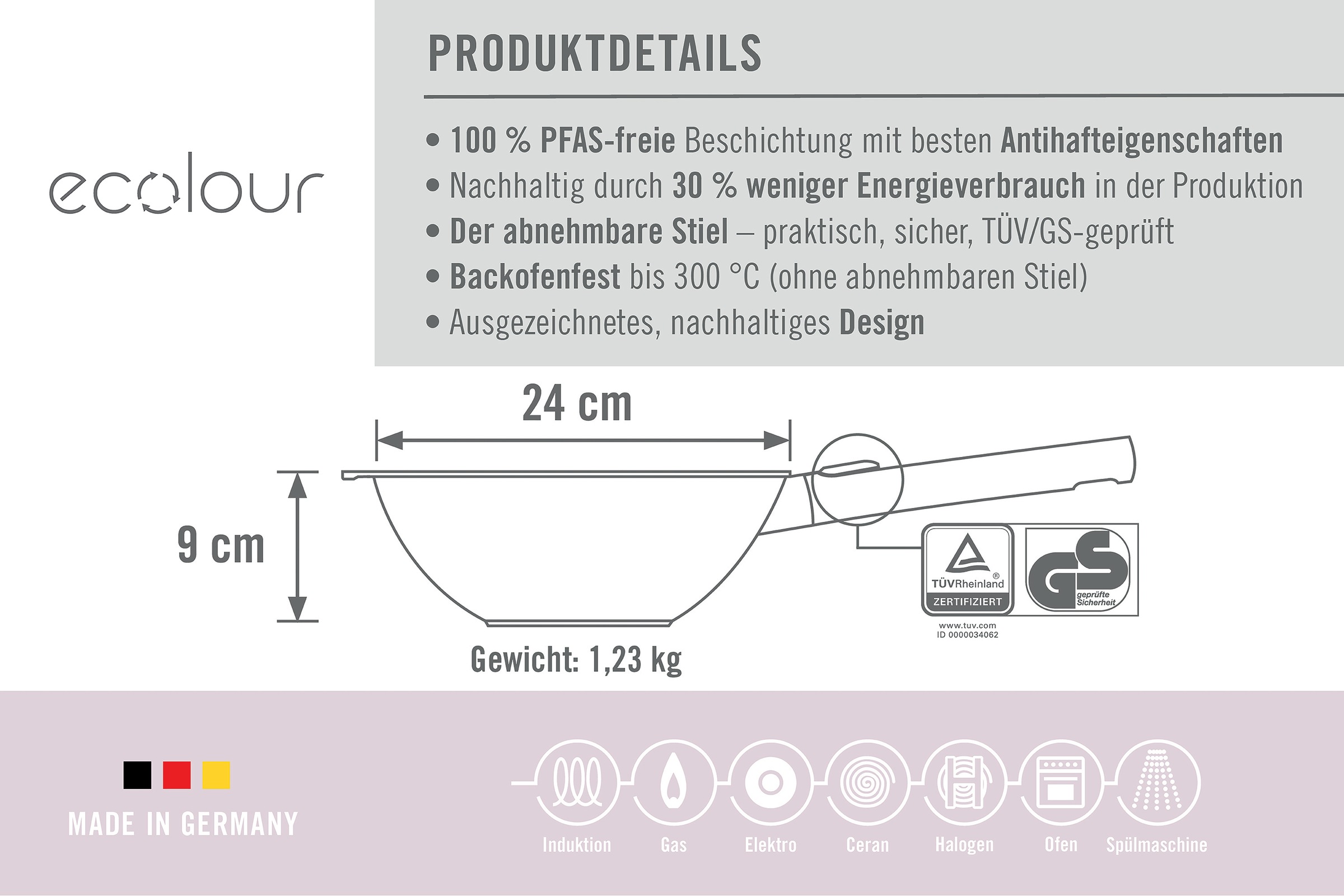 WOLL MADE IN GERMANY Wok »Ecolour Ø 24 cm inkl. Deckel« Aluminiumguss Set, 2 tlg. abnehmbarer Stiel