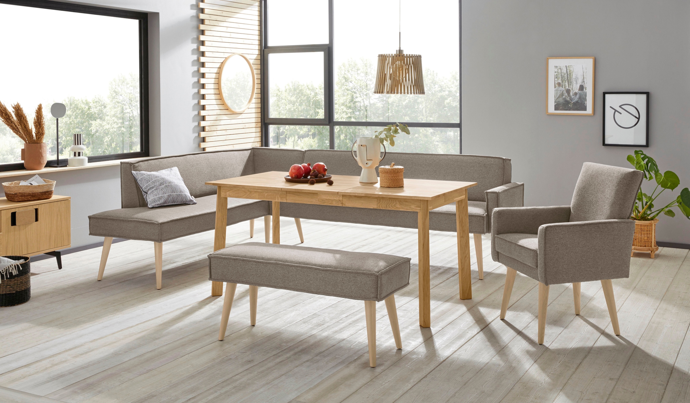 exxpo - sofa fashion Eckbank »Lungo, moderne Kedernaht, bequem und elegant, hoher Holzfuß«, hochwertige Detailverarbeitung, frei im Raum stellbar