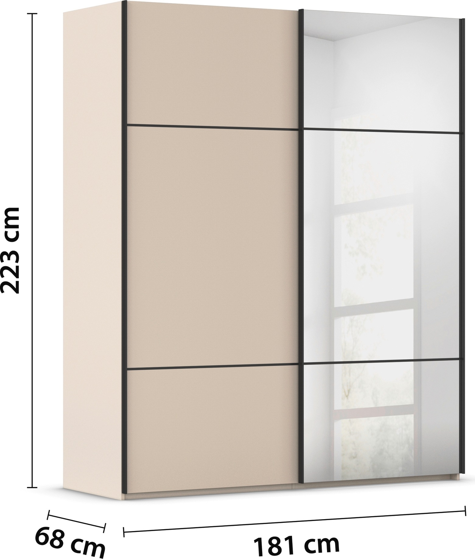 rauch Schwebetürenschrank »Kleiderschrank Schrank Garderobe Schlafzimmerschrank SCALE-TRIO«, edle dreigeteilte Front mit 2 Zierleisten und Spiegel MADE IN GERMANY